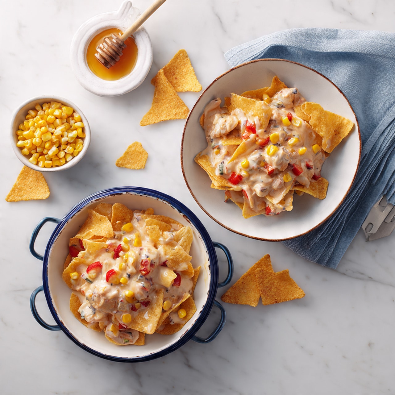 The image shows two bowls filled with a layered dish that has a base layer of golden, crunchy corn chips, topped with a creamy mixture of light yellow corn kernels and small red bell pepper pieces, creating a textured and colorful contrast. Surrounding the bowls are scattered pieces of corn chips and a small white bowl holding bright yellow corn kernels. In the bottom left corner, there is a white casserole dish with a blue rim partially visible, containing more of the same layered dish, showing the creamy corn mixture on top of a crispy corn chip base. A small white bowl with a honey dipper and golden honey is seen in the top right. All items are placed on a white marbled surface. Photo taken with an iphone --ar 4:5 --v 7