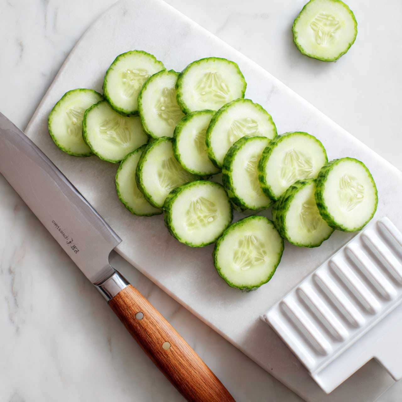 The image shows thin slices of cucumber arranged in two rows on a white marbled cutting board. One row is near a knife with a wooden handle and a shiny silver blade, while the other row is placed beside a white mandoline slicer. The cucumbers have a fresh green color with a light green center and visible seeds. The background is white with a marbled texture, making the green slices stand out clearly. photo taken with an iphone --ar 4:5 --v 7