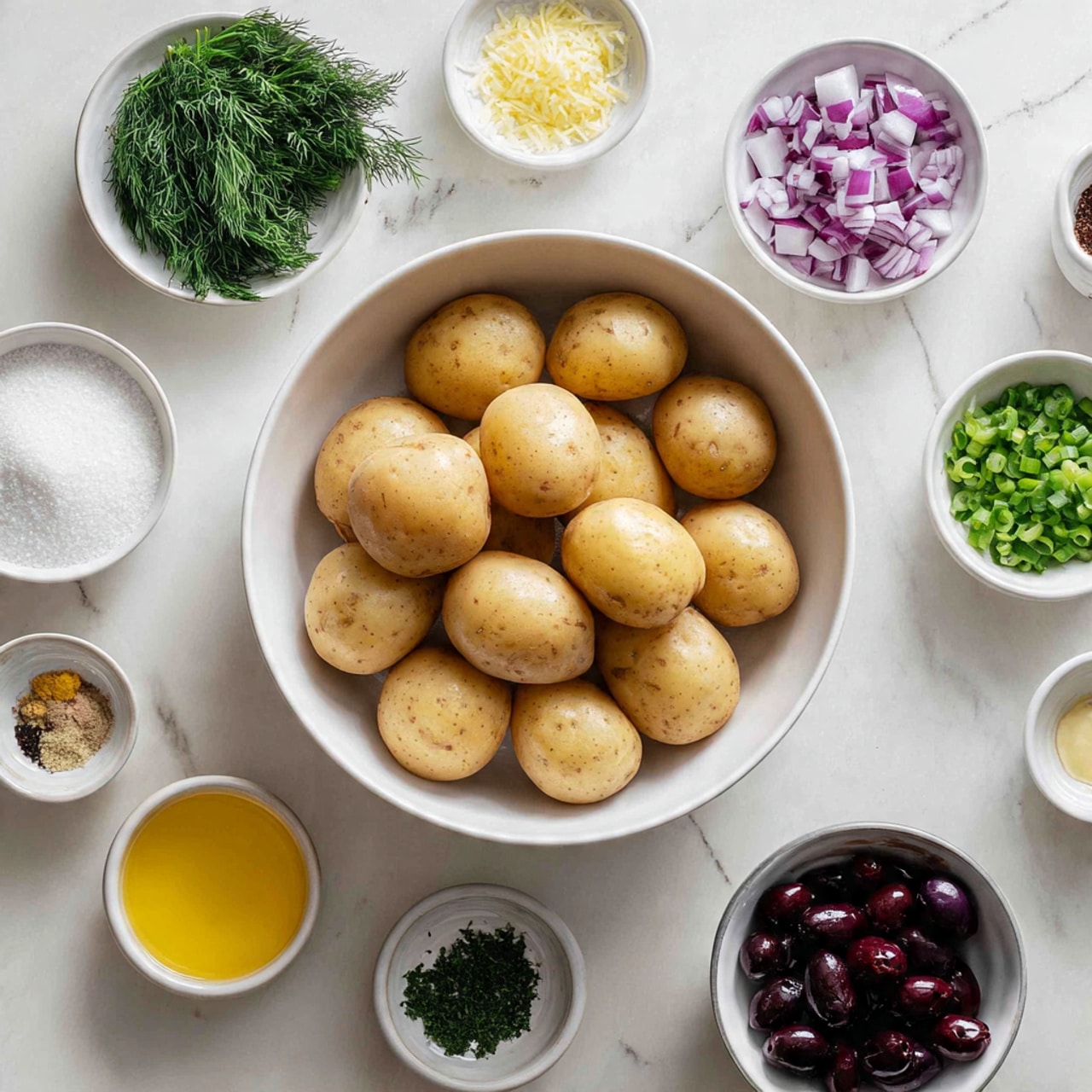 The image shows a white bowl in the center filled with eight light brown potatoes with smooth skin. Surrounding the bowl are small white dishes arranged in a circle on a white marbled surface. At the top left is a white bowl with green fresh dill, next is a bowl with white salt, a bowl with small chopped purple onions, and another white bowl with sliced green onions. On the bottom right, there is a bowl with dark purple olives and a small white spot with yellow minced garlic. Along the bottom are small bowls with black pepper, salt, mustard, green herbs, and a larger white bowl with a yellow liquid and another with a dark red liquid. The overall scene is bright and neat, with the white marbled surface adding texture. Photo taken with an iphone --ar 4:5 --v 7