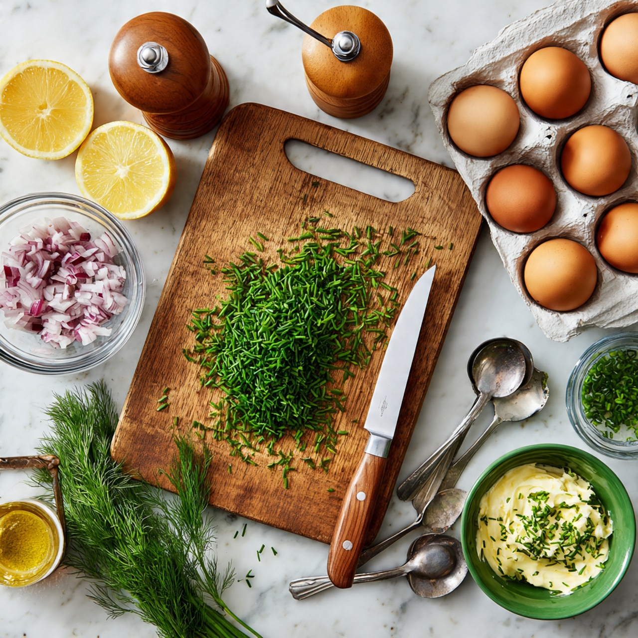 A top view of a wooden cutting board on a white marbled surface with fresh green dill and chopped chives scattered on it. A large knife with a wooden handle rests diagonally on the cutting board with some chives on the blade. To the top right, there is a white egg tray holding six brown eggs. To the top left, a wooden citrus juicer and a brown pepper grinder sit next to two halved lemons showing bright yellow flesh. Below the cutting board, there is a glass bowl filled with finely chopped red onion. A green bowl with a white creamy mixture and a small wooden spoon is on the right side. Next to the green bowl, a set of metal measuring spoons is placed with one spoon overlapping the edge. A glass jar containing a yellow mustard-like substance is near the bottom left corner. Photo taken with an iphone --ar 4:5 --v 7