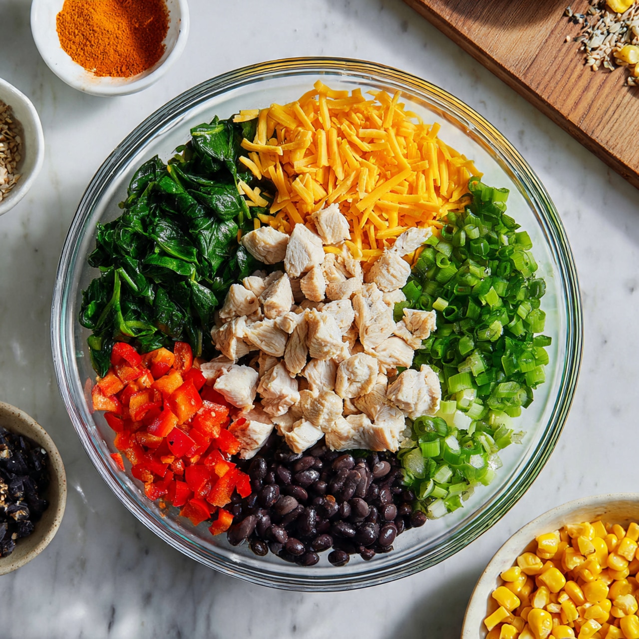 A clear glass bowl placed on a white marbled surface contains six evenly separated layers of ingredients arranged in small piles. Starting at the top and moving clockwise, there are bright green chopped spinach leaves, a mix of shredded yellow and white cheese, dark shiny black beans, small diced red bell peppers, whole yellow corn kernels, and light green chopped green onions. In the center of the bowl, there are white pieces of chicken. Around the bowl, there is a small white bowl with orange powder, a wooden board with some black beans, and a white bowl filled with yellow corn kernels. Photo taken with an iphone --ar 4:5 --v 7