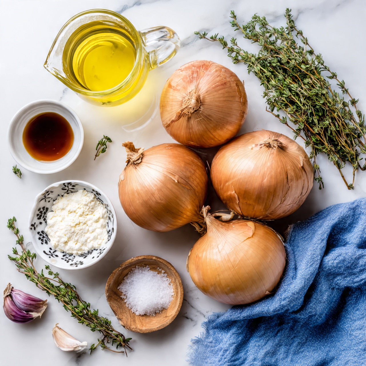 The image shows four large whole onions with smooth brown skins placed on a white marbled surface, arranged loosely in the center. Around them are several fresh thyme sprigs with green leaves roughly grouped in two bunches, one near the bottom left and the other near the top right. A small garlic bulb with purple and white skin sits near the bottom left onion. Near the top left corner, there is a clear glass measuring cup filled with a pale yellow liquid, likely oil, and above it a small clear glass jar with a yellow liquid. Two small white bowls hold dark brown liquid, while a small white bowl with a black floral pattern contains white flour and is positioned near the bottom right onion. A small wooden dish with white salt is near the bottom center, with a blue cloth napkin lying casually folded on the bottom right side of the image. Everything is set on a white marbled surface with soft natural light. Photo taken with an iphone --ar 4:5 --v 7