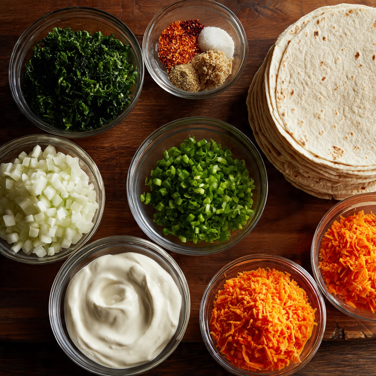 A set of small clear glass bowls arranged on a dark wooden surface, each bowl containing different ingredients: dark green chopped leafy vegetables, finely chopped white cubes, bright green chopped scallions, white soft cheese, a mix of dry seasoning with red and beige bits, bright orange grated carrot, and a bowl of thick white sauce; next to these bowls is a neat stack of light brown whole wheat tortillas. photo taken with an iphone --ar 4:5 --v 7