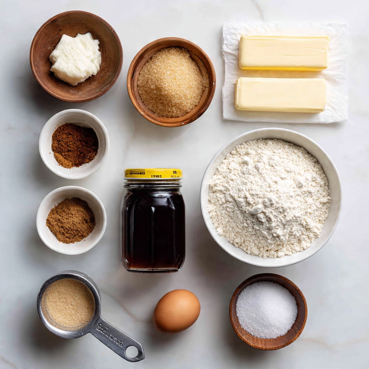 The image shows an overhead view of various baking ingredients neatly arranged on a white marbled surface. On the right, there is a large white bowl filled with white flour. Next to it, two sticks of butter wrapped in white paper lay side by side. A small wooden bowl holding baking soda or powder sits nearby. In the middle, there is a dark brown glass jar with a yellow lid labeled molasses. Below that, a metal measuring cup is filled with light brown sugar. On the left side, there are three small white bowls containing different brown spices of varied textures, and beneath them is a single brown egg. At the bottom right, another small wooden bowl holds granulated white sugar. The items are all spaced evenly, creating a clean and organized look. photo taken with an iphone --ar 4:5 --v 7
