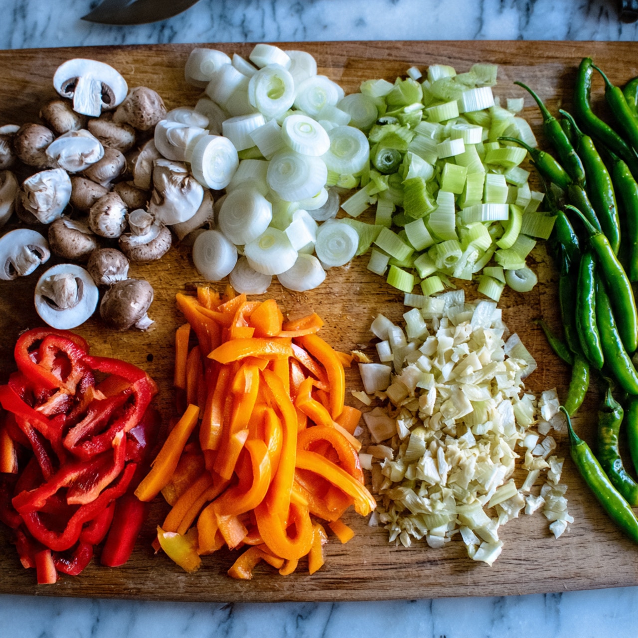 A wooden board holds several groups of cut vegetables arranged in a fan shape. Starting from the top left, there are round slices of white vegetable, next to chunks of light green celery. Below are whole small brown mushrooms and rings of light green leek. Moving to the center, there is a pile of small white onion cubes and beige cubes of another vegetable. To the right, bright orange carrot slices fan out next to thin strips of red bell pepper. Finally, there are long green chilies and a few whole garlic cloves near round slices of white onion and finely chopped pale green vegetables at the far right. The surface is a white marbled texture. photo taken with an iphone --ar 4:5 --v 7