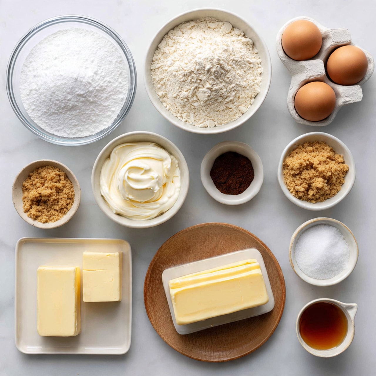 The image shows various baking ingredients arranged neatly on a white marbled surface. There are ten different containers including a large glass bowl filled with white powdered sugar at the top left, and another large glass bowl filled with white all-purpose flour next to it on the right. Below the powdered sugar is a small white bowl with smooth cream cheese that looks soft and creamy. To the right of the cream cheese is a white bowl filled with light brown graham cracker crumbs. Above the graham cracker crumbs is a small white bowl with dark brown sugar, and next to it on the right is a white egg holder with two brown eggs. Below the graham cracker crumbs is a square white plate with two sticks of pale yellow butter. To the left of the butter is a small white bowl containing flaky sea salt, and near the bottom center, there is a round wooden plate holding three white powders labeled kosher salt, baking powder, and baking soda. On the bottom right is a small white cup with dark amber vanilla extract, and near the top right is a glass bowl filled with smooth, shiny salted caramel sauce that is a rich golden-brown color. The whole setup is clean and bright, with each ingredient's texture and color clearly visible. Photo taken with an iphone --ar 4:5 --v 7