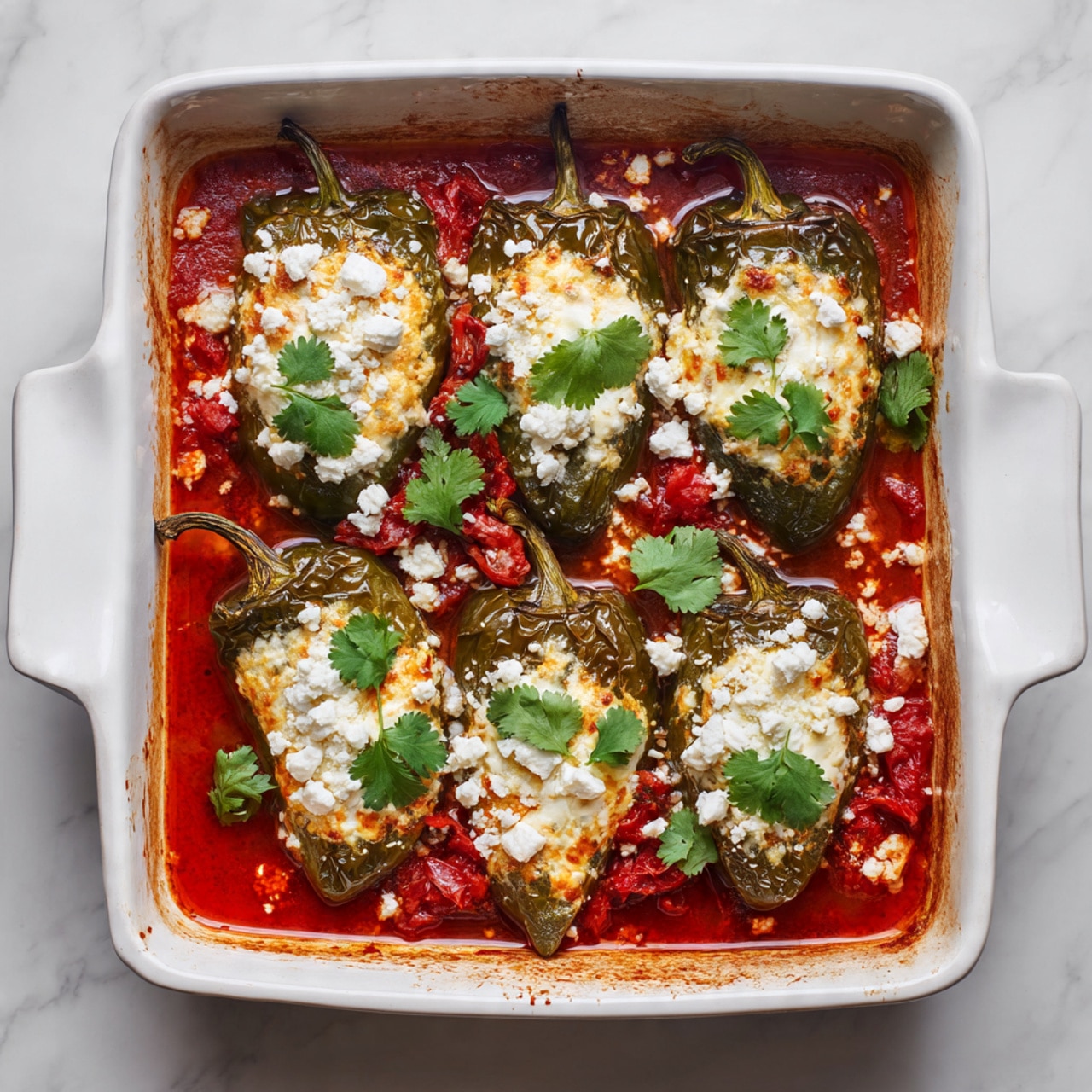 A white rectangular baking dish filled with six green roasted peppers arranged in two columns, each topped with melted white cheese that has a light golden-brown crust. The peppers sit on a thick red sauce base that fills the bottom of the dish. Bright red diced tomatoes and small white cheese crumbles are scattered over the peppers, adding pops of color. Fresh green cilantro leaves are placed on top as garnish, adding freshness and contrast. The edges of the baking dish show some baked sauce residue, emphasizing the cooked texture. The photo is taken from above on a white marbled surface. photo taken with an iphone --ar 4:5 --v 7