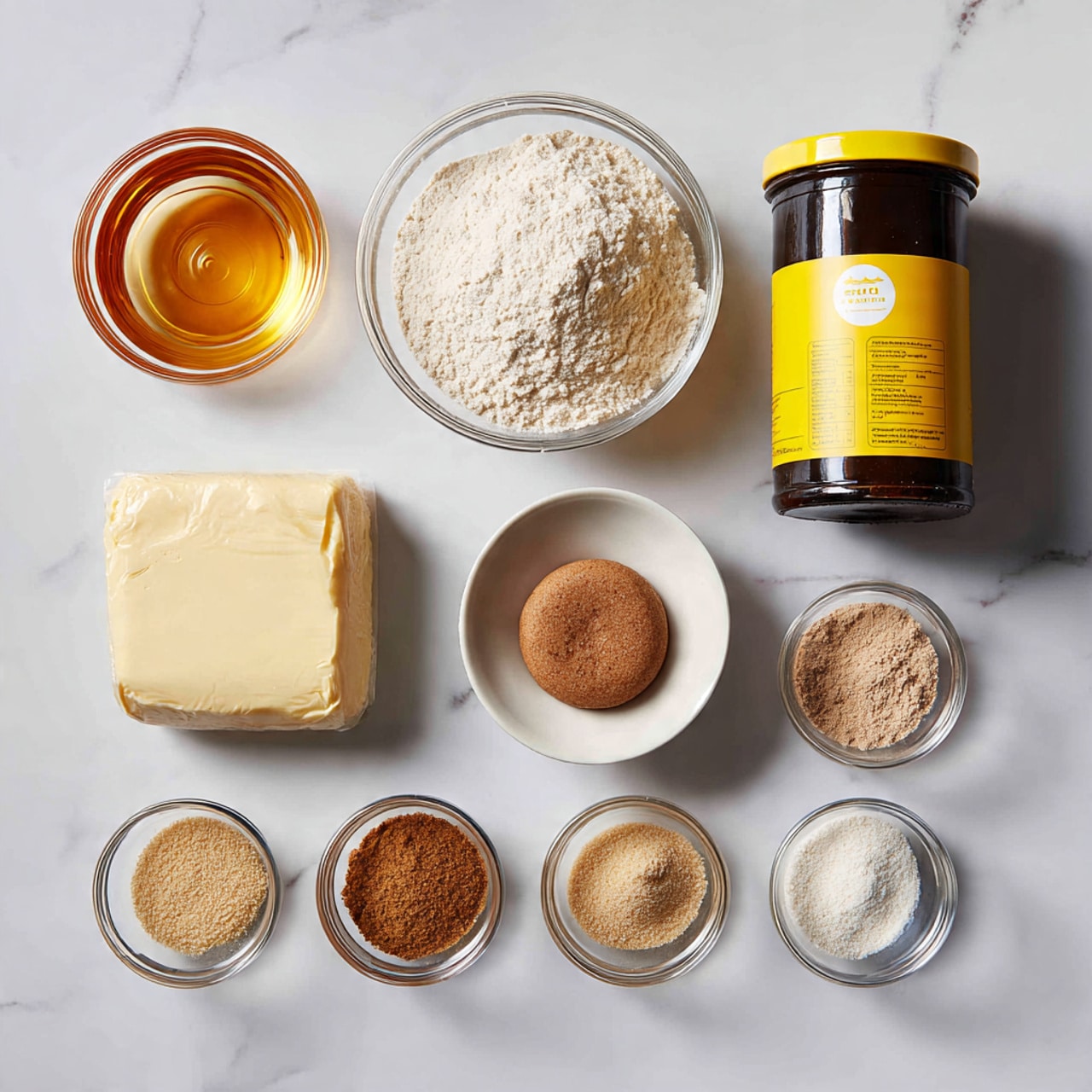 A top view of several baking ingredients arranged on a white marbled surface. On the top left is a small glass bowl filled with a light amber liquid. To its right is a large clear glass bowl filled with white flour. Next to it on the right is a dark glass jar with a bright yellow lid and yellow label. Below the jar is a tightly wrapped block of pale, creamy butter. Toward the bottom middle is a small white bowl holding a solid round disk of brown sugar. Surrounding this bowl are five small clear glass bowls each containing different powdered spices and baking ingredients in various shades of light brown, white, and beige. The arrangement is neat and spaced evenly. photo taken with an iphone --ar 4:5 --v 7