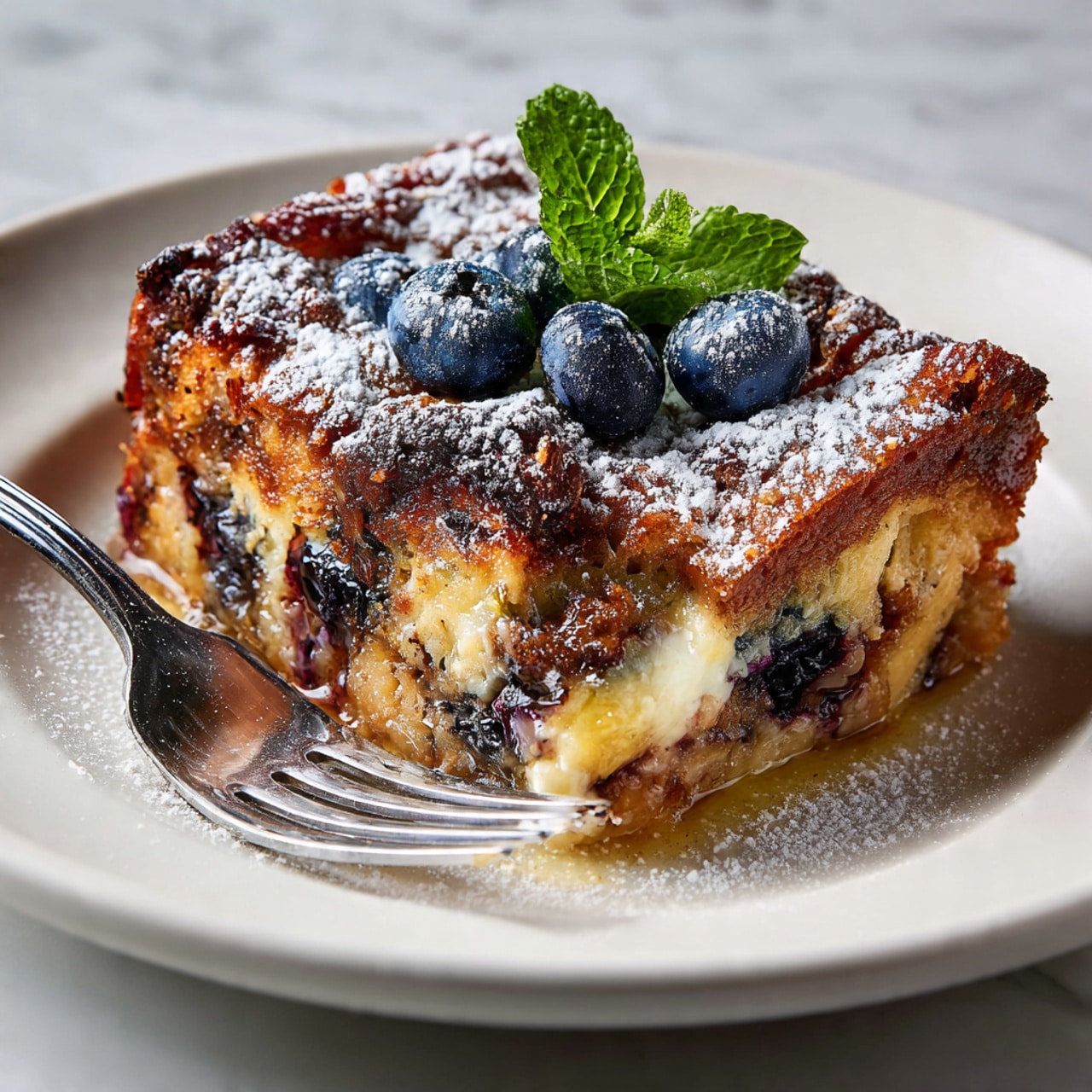 A white rectangular baking dish filled with a bread pudding made of golden brown toasted bread pieces with crisp edges, mixed evenly with fresh blueberries scattered throughout. The top is lightly dusted with powdered sugar, adding a soft white contrast to the warm bread and deep blue berries. Small green mint leaves are placed on top as a fresh garnish. The dish sits on a white marbled surface with a blurred bowl of blueberries in the background. photo taken with an iphone --ar 4:5 --v 7