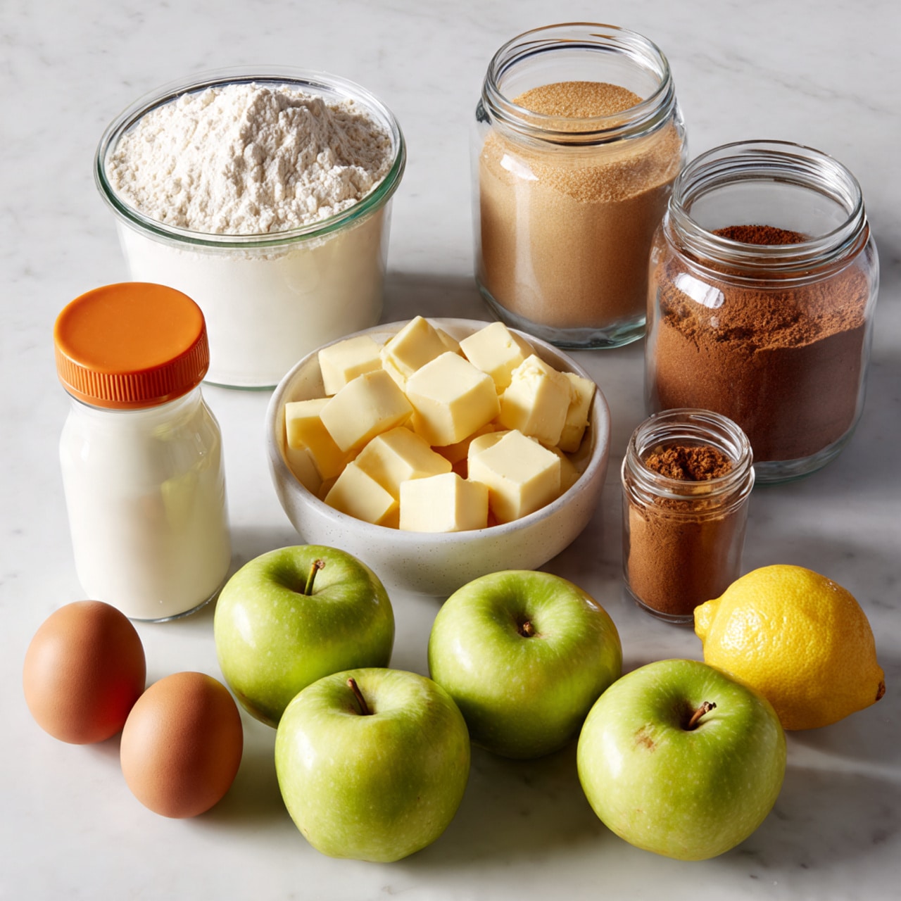 This image shows an arrangement of baking ingredients placed on a white marbled surface. At the back, there are two jars filled with white self-raising flour on the left and light brown sugar on the right. In front of these jars, from left to right, there is a small clear milk bottle, a white bowl filled with pale yellow butter cubes, a small orange-lid jar of ground cinnamon, and a white cylindrical container of baking powder. In the front row, there are two brown eggs on the left and three green apples with some light brown spots, along with one yellow lemon on the right side of the eggs. The colors range from the creamy yellows of butter and eggs to the green of the apples, all set against the soft white marbled background. Photo taken with an iphone --ar 4:5 --v 7