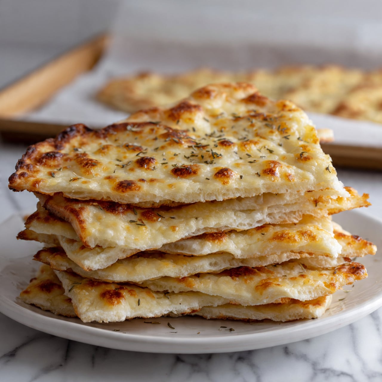 A white plate holds a stack of seven flatbread slices with a golden-brown baked top layer. Each slice shows a crispy, slightly bubbled crust beneath the melted cheese topping, which has browned spots and a sprinkle of dried herbs throughout. The flatbread layers are thin with a soft, slightly fluffy bottom layer visible in some pieces. In the background, on a white baking tray lined with parchment paper, three more flatbread slices are placed side by side on a white marbled surface with soft natural lighting emphasizing the texture. photo taken with an iphone --ar 4:5 --v 7