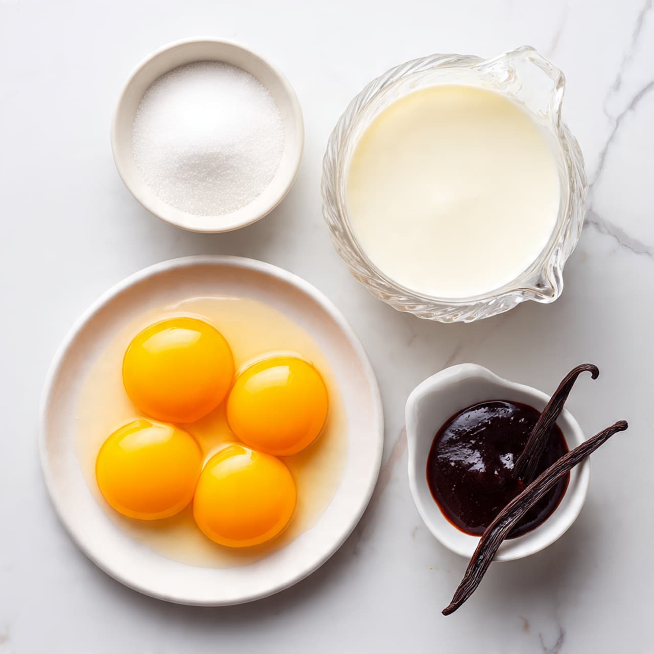 The image shows four main ingredients laid out on a white marbled surface: a white round plate at the bottom left with five bright orange egg yolks sitting in clear egg whites, a small white bowl filled with fine white sugar to the left, a short, ribbed glass pitcher filled with thick white cream at the top right, and a small white bowl with a handle holding a dark brown vanilla bean paste at the bottom right. The colors range from bright yellow yolks, pure white sugar and cream, to deep brown paste, arranged neatly with some space between each item photo taken with an iphone --ar 4:5 --v 7