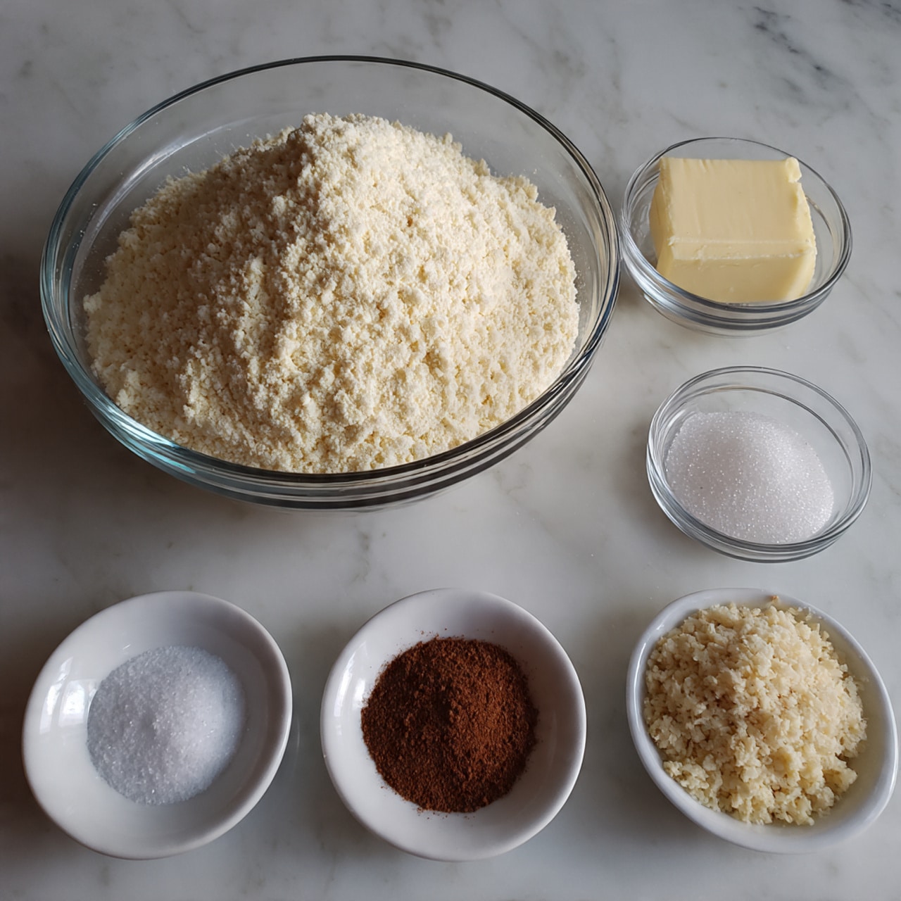 A clear glass bowl in the center holds a large mound of white flour with a soft, powdery texture. Surrounding the big bowl are three small white ceramic dishes arranged at the bottom; the left dish contains white salt, the middle dish has brown ground cinnamon, and the right dish holds a small amount of white baking powder. At the upper right side, three clear glass bowls are stacked vertically: the top bowl contains a solid block of pale yellow butter, the middle bowl is filled with fine white granulated sugar, and the bottom bowl has a roughly textured, beige-colored ingredient that looks like breadcrumbs. All the bowls rest on a white marbled surface. Photo taken with an iphone --ar 4:5 --v 7