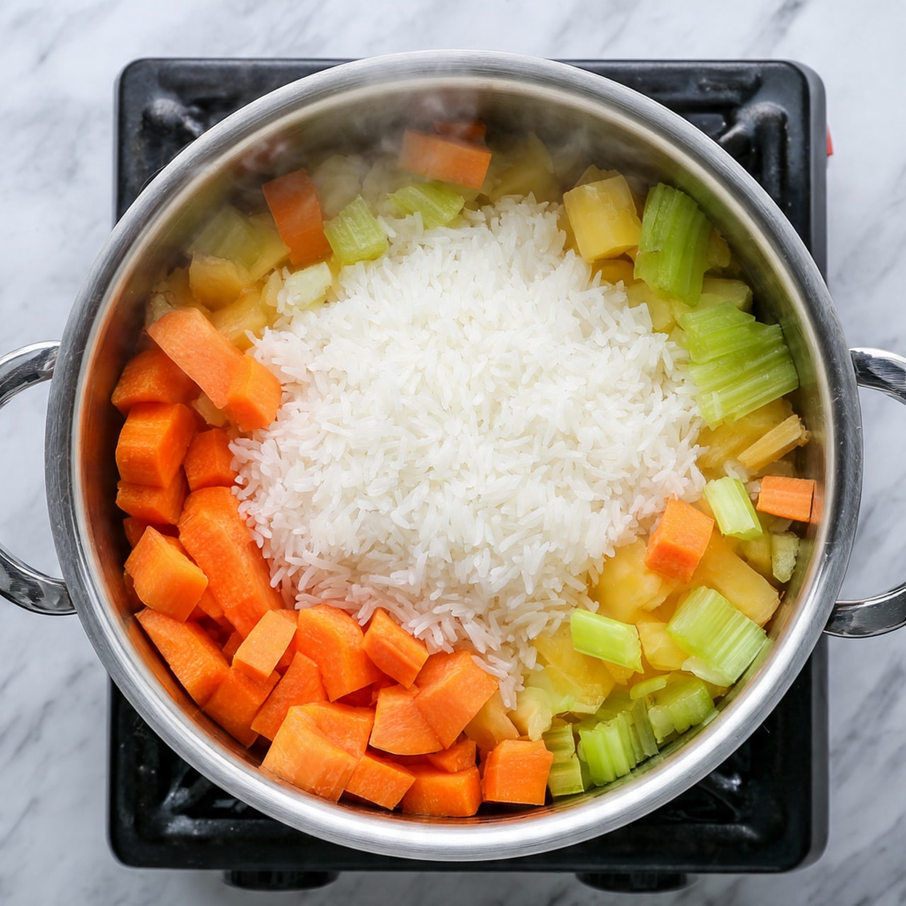 Inside a silver pot, there is one layer of cut orange carrots and light yellow pieces of celery at the bottom with a rough texture. On top of these vegetables, there is a layer of uncooked white rice with a smooth and dry texture, evenly spread in the middle. Steam rises slightly from the pot, which is placed on a black stove. The scene is set against a white marbled texture. photo taken with an iphone --ar 4:5 --v 7