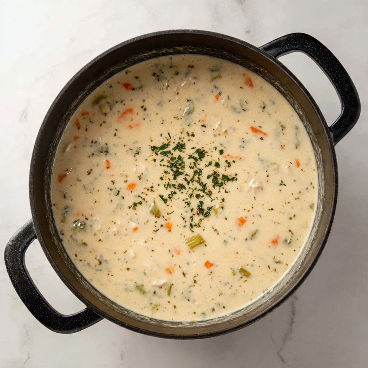 A large black pot filled with a thick, creamy soup that is light beige in color. The soup has small bits of orange, green, and white ingredients mixed in, spread unevenly near the center and scattered through the soup. The pot sits on a white marbled surface, and the photo is taken from above, showing both handles of the pot clearly. photo taken with an iphone --ar 4:5 --v 7
