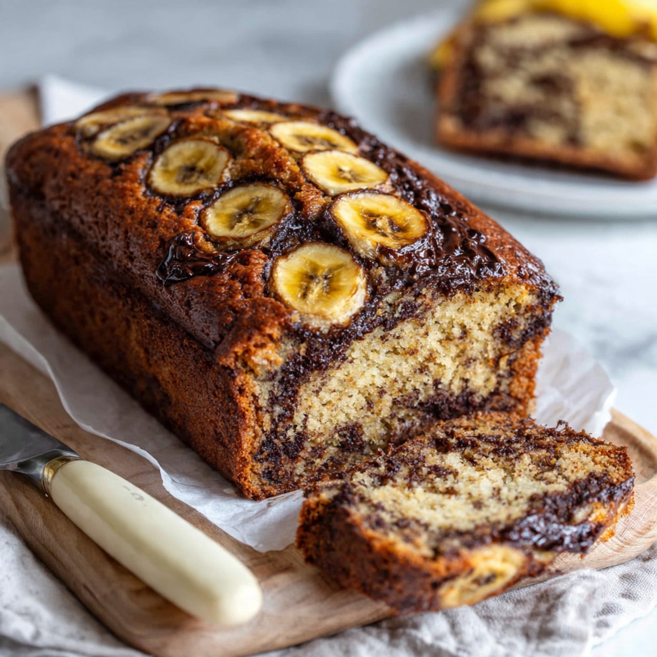 A loaf of banana bread with a golden brown, slightly rough crust topped with several caramelized banana slices evenly placed on top is resting on white parchment paper over a light wooden board. The background is a white marbled surface sprinkled with brown crumbs. Two whole yellow bananas with brown spots sit near the bottom right corner, and a white cup filled with coffee showing a smooth, frothy surface is positioned near the upper right. A beige textured cloth is folded on the left side with a knife featuring a cream-colored handle placed nearby. Photo taken with an iphone --ar 4:5 --v 7