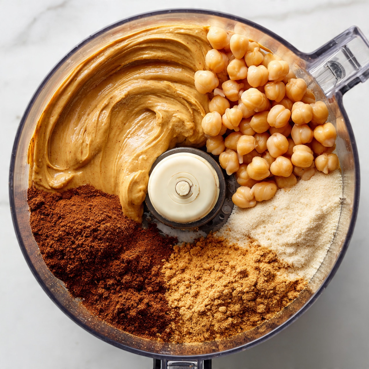A transparent food processor bowl shows four main layers of ingredients from top view, each with different colors and textures. At the top right is a group of smooth light beige chickpeas, next to the chickpeas on the bottom right is a white powder with a fine texture. On the bottom left side is a brown powder spread out in an uneven heap, and finally on the left side near the center is a thick, creamy layer of tan peanut butter with soft swirls. The food processor blade is in the center, and the whole device sits on a white marbled surface. photo taken with an iphone --ar 4:5 --v 7