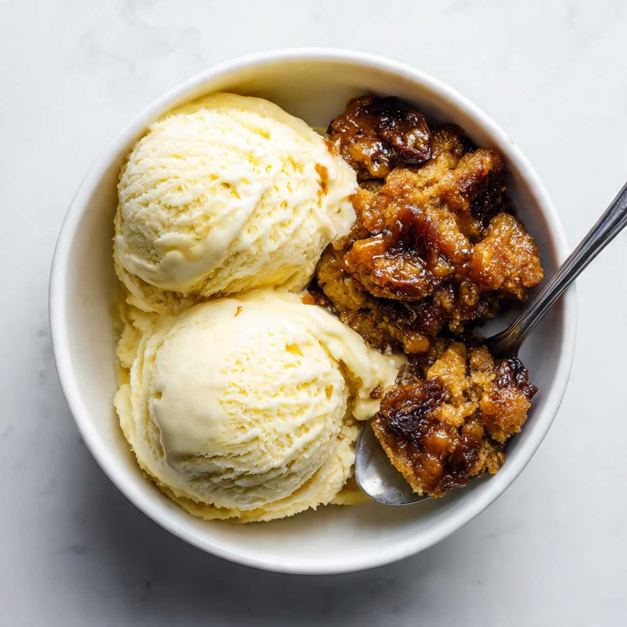 In a white round bowl, there are two large scoops of pale yellow ice cream placed side by side on the left side. The ice cream is smooth with a light sprinkle of brown cinnamon on top. On the right and underneath the ice cream, there is a warm, dark brown dessert with a slightly crispy and caramelized top layer, having a rough, crumbly texture in places. A silver spoon is scooping a piece of the dessert in the bottom right corner, the dessert piece showing a moist, dense inside with syrupy dark spots. The bowl rests on a white marbled surface. photo taken with an iphone --ar 4:5 --v 7