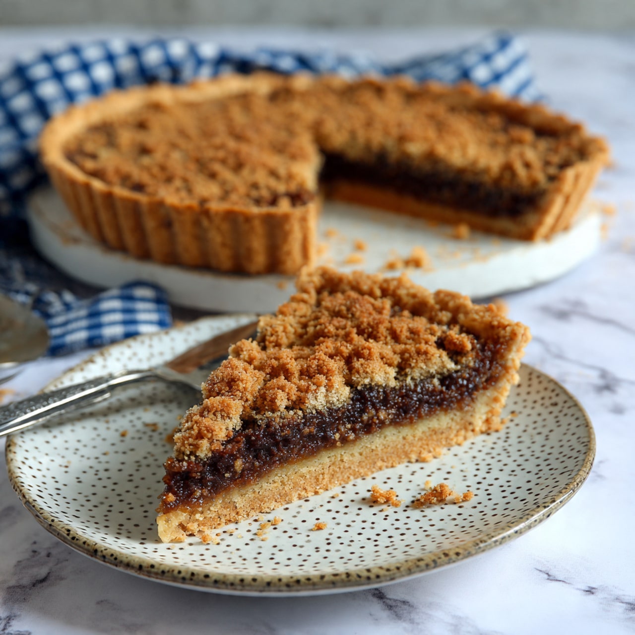 The image shows a pie with a golden-brown, crumbly crust. The pie filling is dark brown with rough patches of lighter brown crumbs scattered on top, creating a textured look. One slice is placed on a white plate with a dotted pattern, showing the same layered crumbly crust and filling. Another slice is on a round white plate with fine speckles, and the rest of the pie is on a larger white plate with some crumbs scattered around. The background is a white marbled surface with a blue and white checkered cloth nearby, adding a cozy touch. A shiny silver pie server is also visible near the bottom left corner. photo taken with an iphone --ar 4:5 --v 7