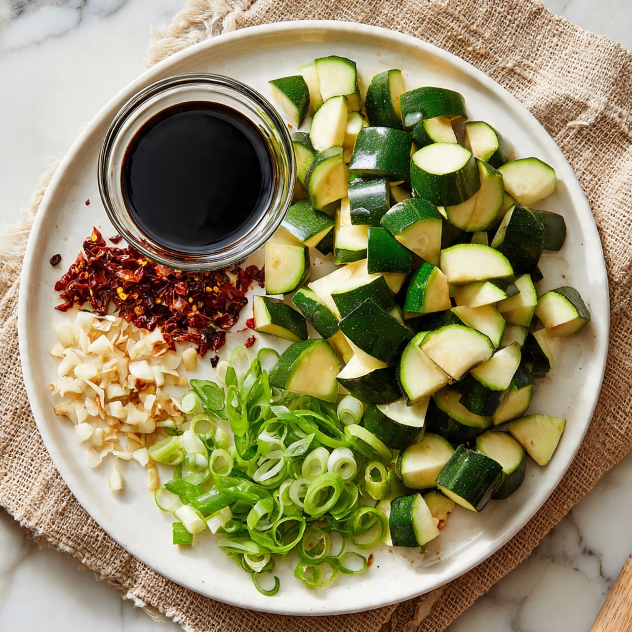 A white plate sits on a white marbled surface, holding three main piles of ingredients. The largest pile is chopped zucchini pieces with dark green skin and pale green flesh, positioned on the right side of the plate. Next to the zucchini, on the left edge of the plate, is a small pile of thinly sliced green onions. Above the green onions, near the top left, are small chopped white garlic pieces in one corner next to dried red chili pieces that are scattered. At the top center of the image, there is a small clear glass bowl filled with a dark soy sauce liquid, resting on a beige woven cloth. Photo taken with an iphone --ar 4:5 --v 7
