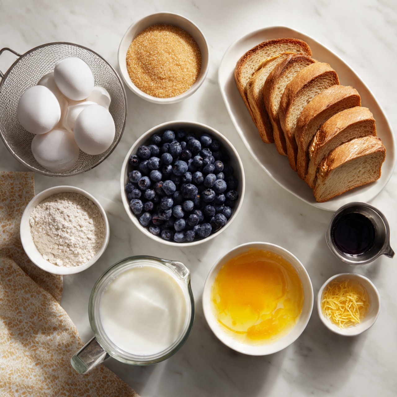 The image shows ingredients laid out on a white marbled surface, including a stack of sliced golden-brown bread arranged neatly on a white long plate at the top right. Below that, there is a white bowl filled with fresh dark blue blueberries, and next to it is a small metal cup containing dark vanilla extract. A clear glass measuring cup filled with white milk is placed at the bottom center. To the left, a metal basket holds several smooth white eggs. Above the eggs, a white bowl contains grainy light brown sugar, and next to it is a small metal cup with bright yellow orange zest. Another white bowl holds melted yellow butter with a slightly frothy texture. There is also a small metal container with coarse salt near the vanilla extract. A beige and white patterned cloth is partly visible at the bottom left corner. photo taken with an iphone --ar 4:5 --v 7