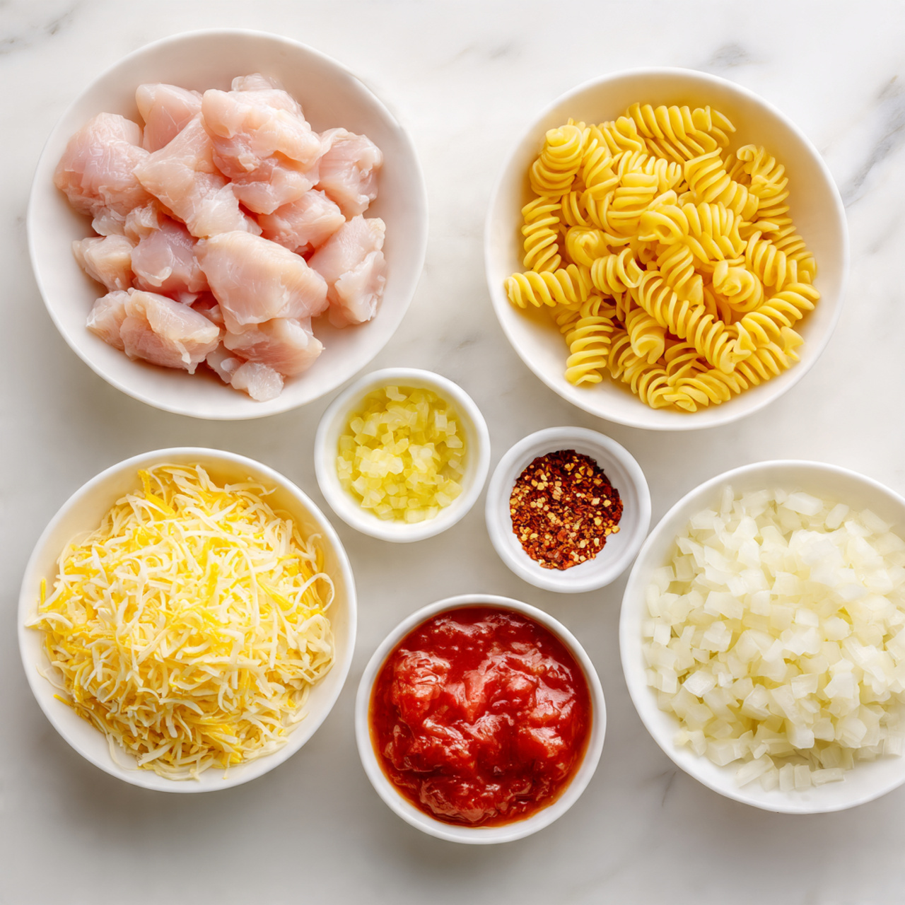 Chicken Parmesan Soup Recipe 4 This image shows seven white bowls arranged on a white marbled surface. Starting from the top left, a bowl of pink raw chicken pieces sits next to a bowl of yellow spiral pasta on the top right. Below the chicken is a bowl filled with chopped white onions, and in the center is a small bowl of minced yellow garlic. To the right of the garlic is a small bowl filled with red pepper flakes. Below these, on the left is a larger bowl of shredded pale yellow cheese, while on the right is a bowl with red tomato sauce showing chunks of tomato. At the very bottom right, partially visible, is a bowl of finely grated white cheese. The bowls and food have a clean and fresh appearance. photo taken with an iphone --ar 4:5 --v 7