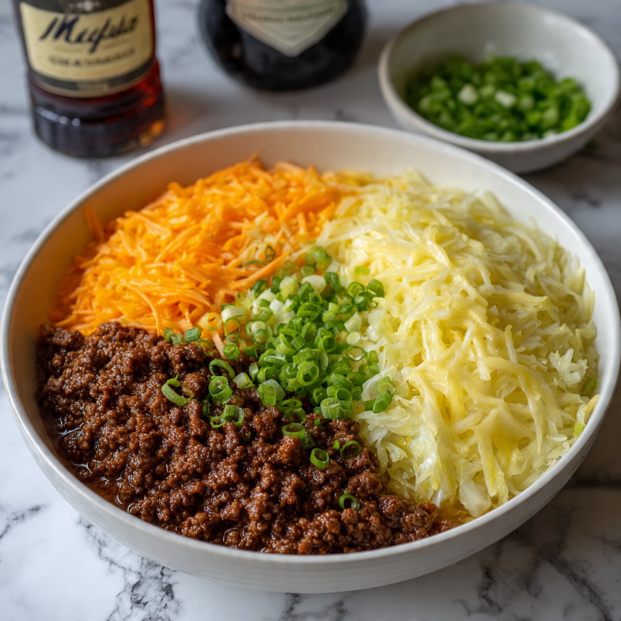 The image shows ingredients for a meal arranged on a white marbled surface. On the left is a large white bowl filled with shredded pale green cabbage. Above it, a wooden cutting board holds half a brown onion, chopped white onion, a whole orange carrot, and shredded carrot. To the right of the bowl, there are two long green onions lying on the marble. Below the onions, a square piece of ground pink meat rests on brown paper. Surrounding these main ingredients are small containers: a small glass jug with dark soy sauce, a small glass cup with light yellow oil, a metal measuring cup with minced garlic, and a small black square plate with four piles of spices in varied shades of brown, cream, and red with a small spoon on top. The scene is clean, bright, and organized, photo taken with an iphone --ar 4:5 --v 7