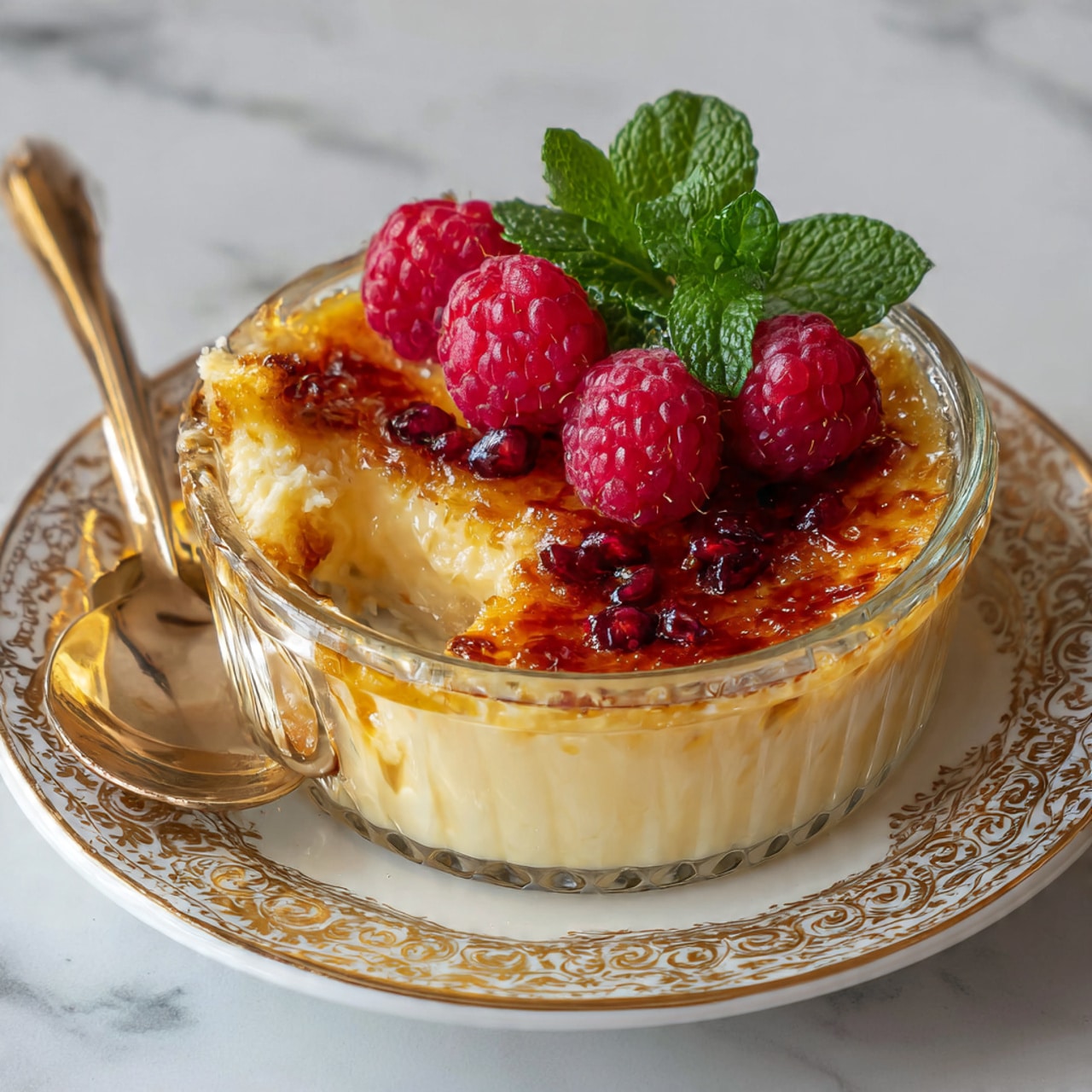 A single round glass dish holds a creamy pale yellow custard base topped with a golden caramelized sugar layer that is broken by a spoon lifting some custard. On top, two bright red raspberries and a small bunch of fresh green mint leaves add color contrast. The glass dish sits on a white plate with ornate gold patterns, placed on a white marbled surface. Photo taken with an iphone --ar 4:5 --v 7