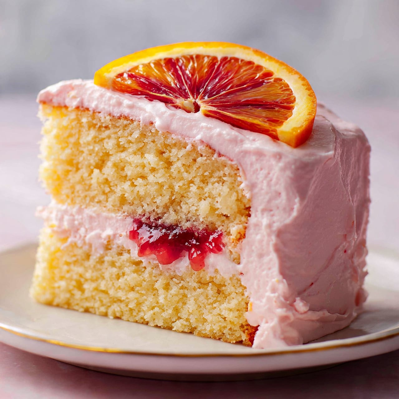 A slice of two-layer light yellow cake sits on a white plate with a gold rim, placed on a white marbled surface. The cake has a thick layer of light pink frosting covering the outside. Between the two cake layers, there is a middle filling of white cream mixed with a bright red jelly-like layer, slightly dripping. On top of the pink frosting is a thin slice of blood orange with deep red and bright yellow colors. Photo taken with an iphone --ar 4:5 --v 7