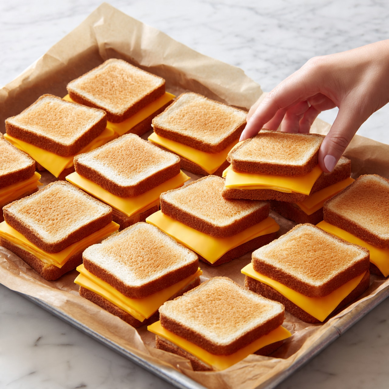 The image shows a tray lined with brown paper holding 15 small sandwiches arranged in rows, each sandwich made of two square pieces of soft white bread with a slice of bright orange cheese in between. A woman's hand is reaching to pick up one sandwich from the upper right part of the tray. The bread has a light golden crust on the sides, and the cheese slices are neatly placed, showing smooth textures. The scene is set on a white marbled surface. photo taken with an iphone --ar 4:5 --v 7