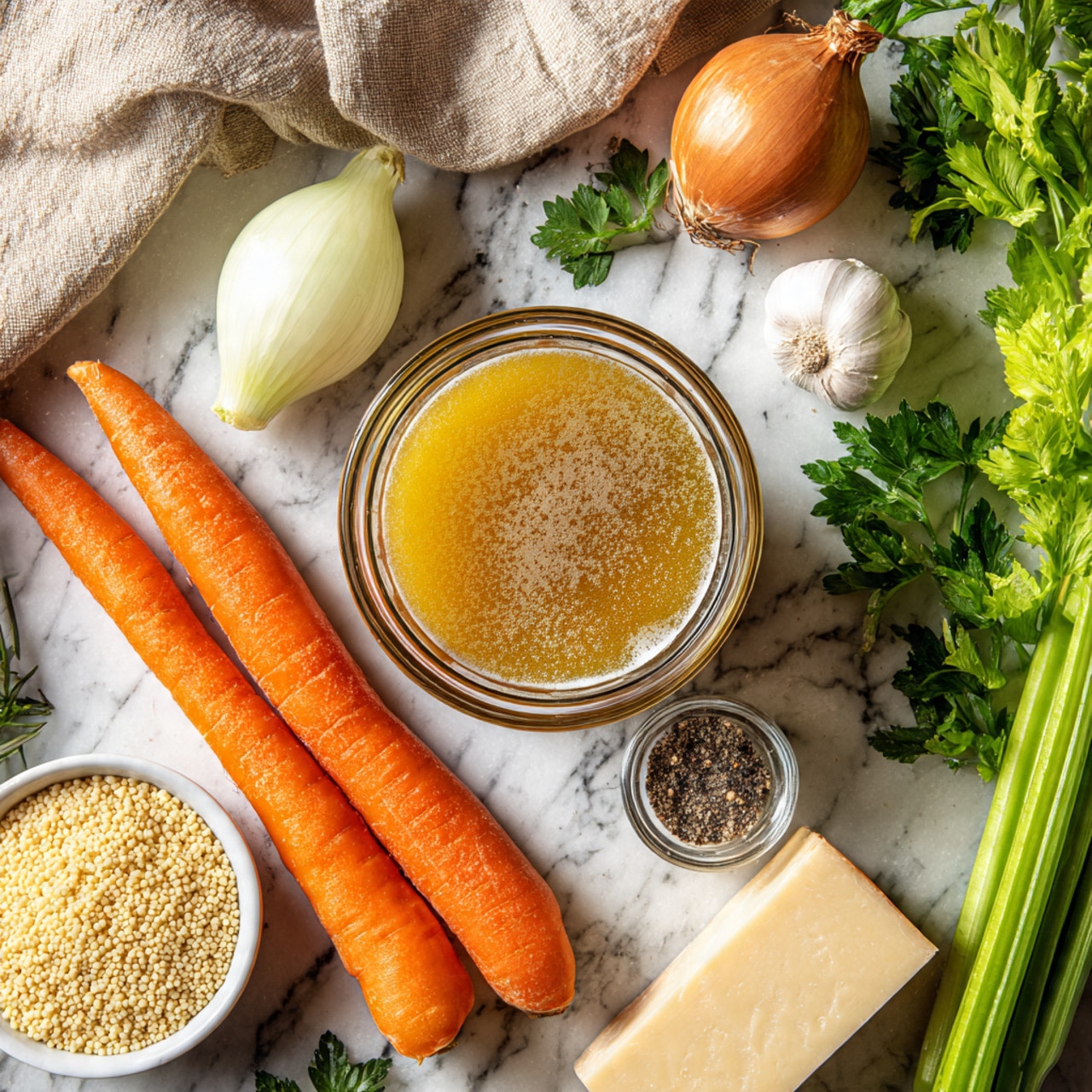 A clear glass bowl filled with light yellow broth sits at the top center of a white marbled surface, surrounded by fresh vegetables and ingredients. Below the bowl are two bright orange carrots parallel to each other, a pale yellow onion to the left, and two white garlic cloves near fresh green parsley. Below the carrots is a white cup filled with light yellow grains, and to the right of the carrots, a pale green celery stalk with leafy ends. A small clear bowl with coarse salt and black pepper rests near the center. At the bottom right, there is a wedge of pale yellow cheese with a rough texture. A soft beige cloth is placed in the top left corner. photo taken with an iphone --ar 4:5 --v 7