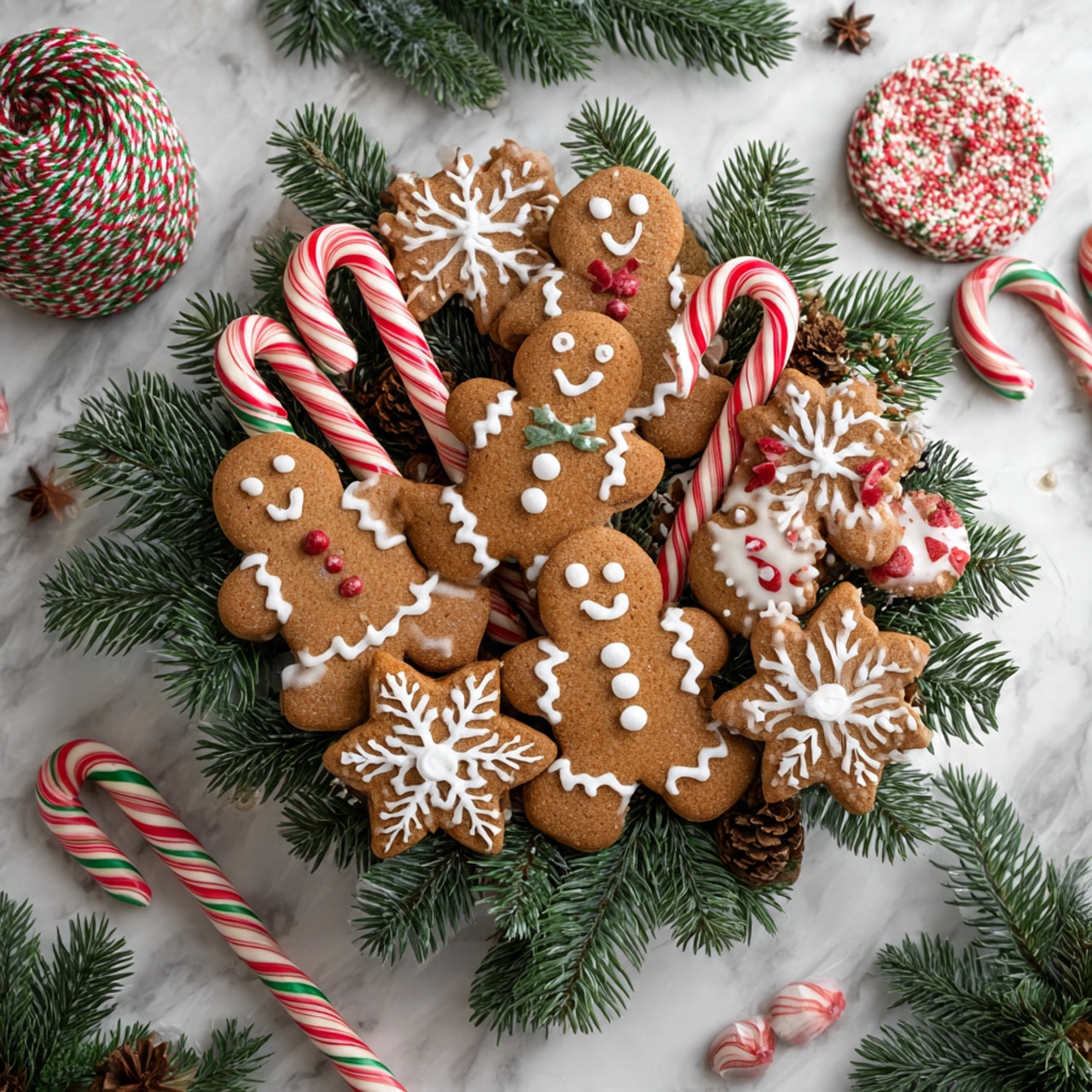 The image shows multiple gingerbread cookies on a white marbled surface. There are gingerbread men with smiling faces, buttons, and zigzag white icing on their arms and legs. Some snowflake-shaped cookies have detailed white icing patterns, and a candy cane cookie has white striped icing. Green fir branches and a twisted red, green, and white rope are placed among the cookies, creating a festive holiday feel. The lighting is bright and natural, giving the cookies a warm, golden-brown color with smooth icing. photo taken with an iphone --ar 4:5 --v 7