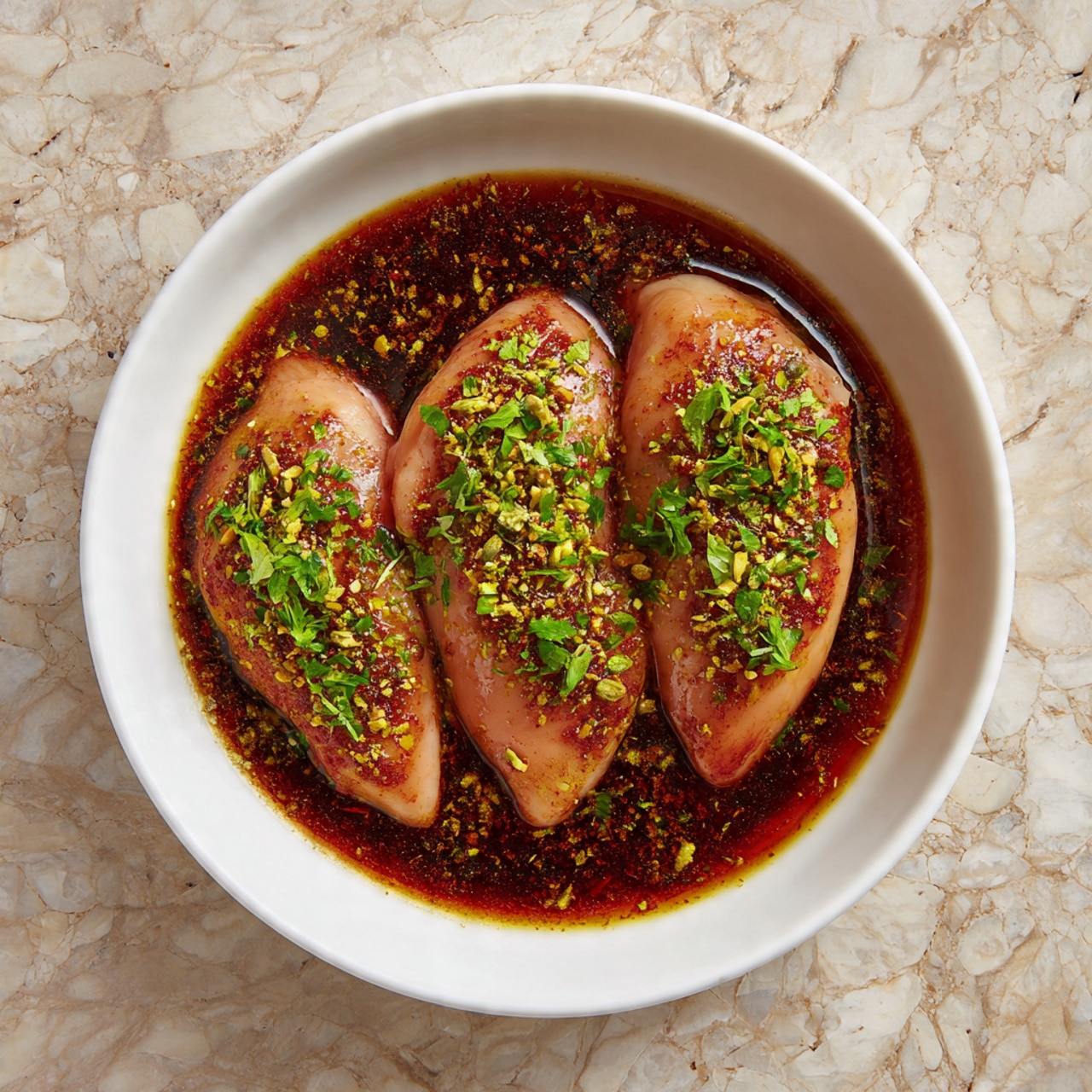 Three pieces of raw chicken soaked in a dark brown marinade with visible spices and small chopped green herbs scattered on top. The chicken pieces are smooth and shiny with a slightly wet texture, lying flat inside a white bowl with marinade smears on the sides. The bowl is placed on a white marbled textured surface. Photo taken with an iphone --ar 4:5 --v 7