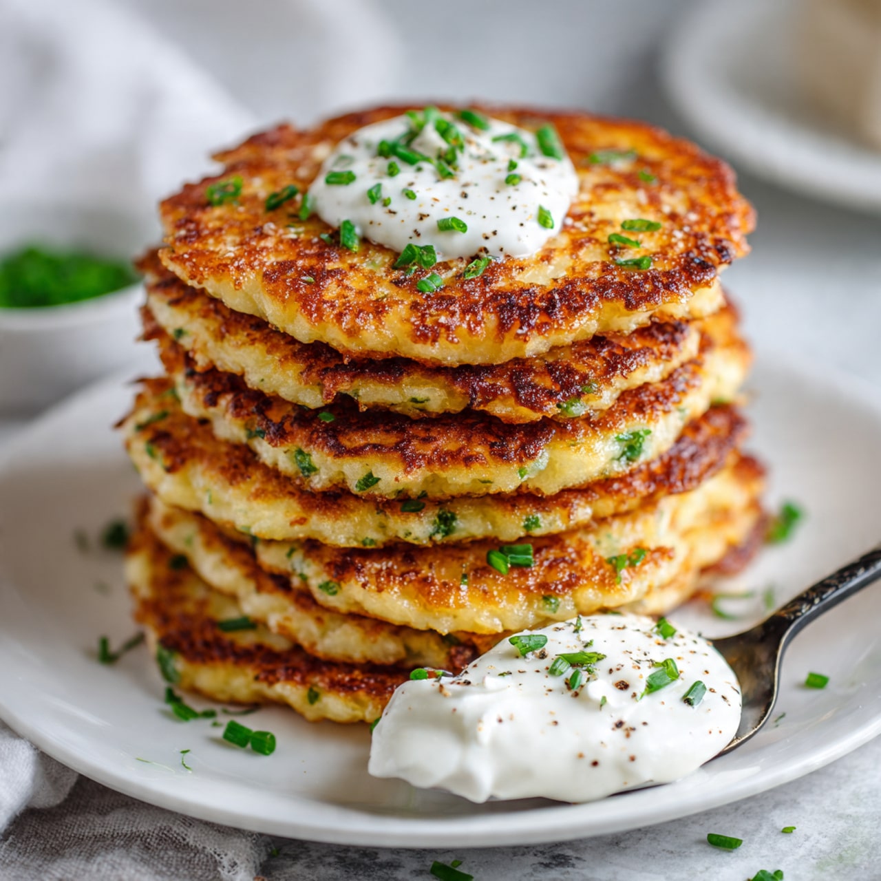 Seven golden-brown potato latkes are placed on a black wire cooling rack over a silver baking tray. Each latke is round with uneven edges, showing a crispy texture with strands of shredded potato visible, darker brown around the outer edges and lighter golden in the center. The silver tray and black wire rack sit on a white marbled surface. photo taken with an iphone --ar 4:5 --v 7