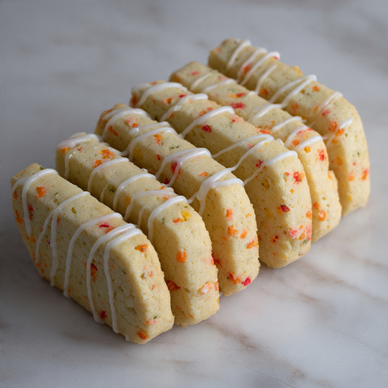A metal baking tray holds a silicone mat with 24 dough strips arranged in neat diagonal rows. Each strip is pale beige with small red bits dotted throughout, giving a textured look. The dough strips are evenly spaced and consistent in shape, with a smooth surface and slightly rounded edges. The tray sits on a white marbled surface. photo taken with an iphone --ar 4:5 --v 7