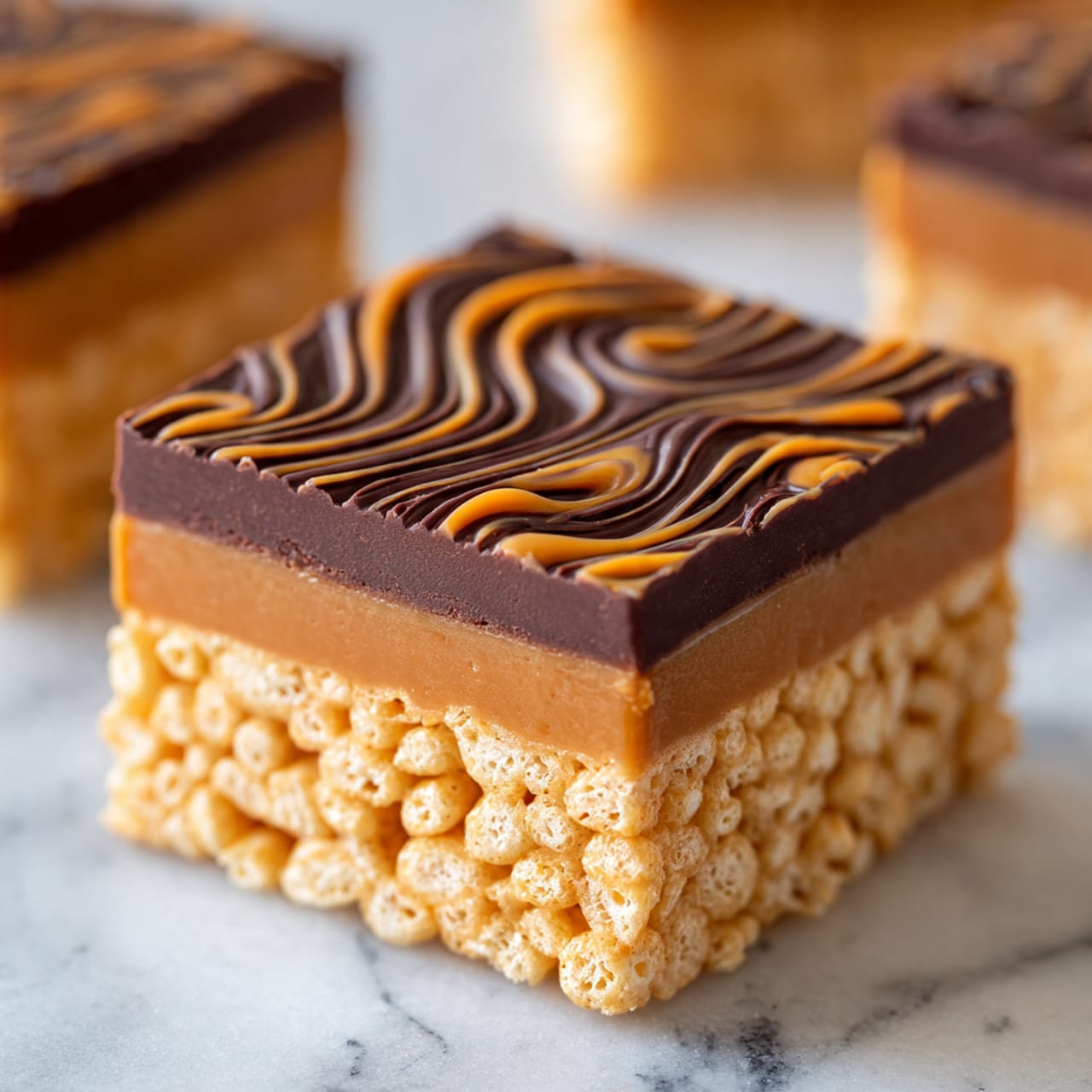 The image shows two square treats stacked on top of each other against a white marbled surface. Each treat has three layers: the bottom layer is a light golden crunchy cereal base with visible puffed, airy textures, the middle layer is a smooth caramel-colored layer, and the top layer is a slightly wavy dark chocolate covering. The top chocolate layer has a few decorative swirls of the caramel color. The background is blurred to keep focus on the treats. Photo taken with an iphone --ar 4:5 --v 7