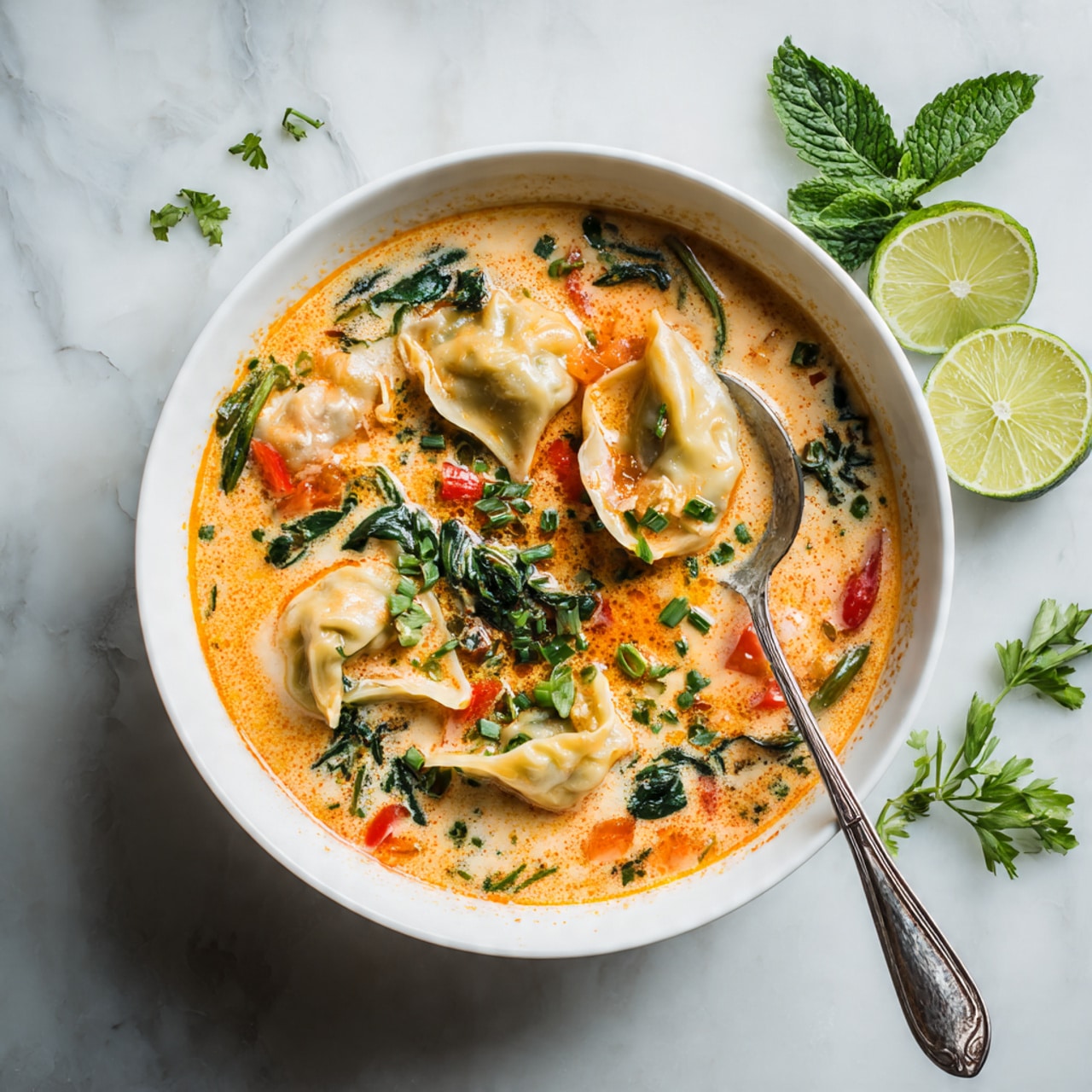 The image shows a white round pot filled with a creamy orange soup, with several white dumplings floating on top. There are bright green spinach leaves and chopped fresh cilantro scattered throughout the soup. Small pieces of red and orange bell peppers add pops of color around the dumplings. To the top right, there is a white plate with lime wedges and a few cilantro leaves. The background is a white marbled texture. Photo taken with an iphone --ar 4:5 --v 7