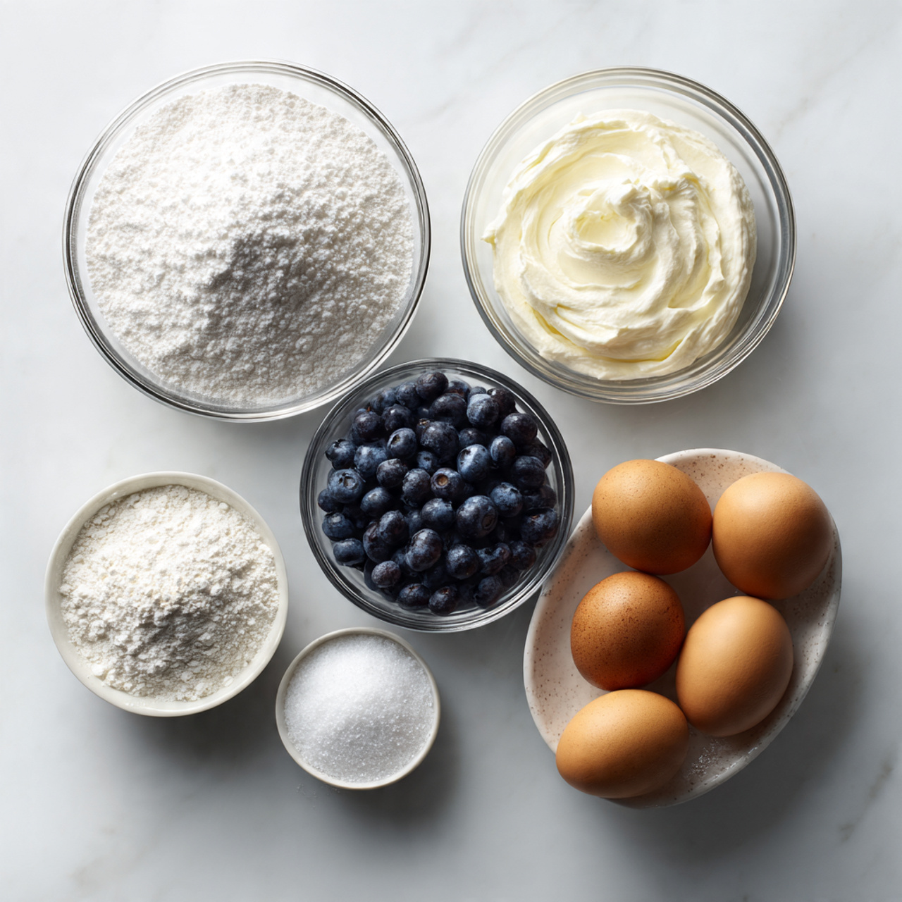 Five bowls of ingredients sit on a white marbled surface. At the top left is a glass bowl filled with white powdered sugar, showing a soft, powdery texture. To the right of it, a white bowl holds smooth, creamy Greek yogurt. Below the powdered sugar, a glass bowl full of dark, round blueberries is placed, their deep blue color contrasting with the other ingredients. At the bottom left, a small white bowl contains white cornstarch with a fine, powdery look. On the right side, a glass bowl holds six smooth brown eggs with a matte finish. All bowls are arranged closely together, viewed from above with soft lighting. photo taken with an iphone --ar 4:5 --v 7