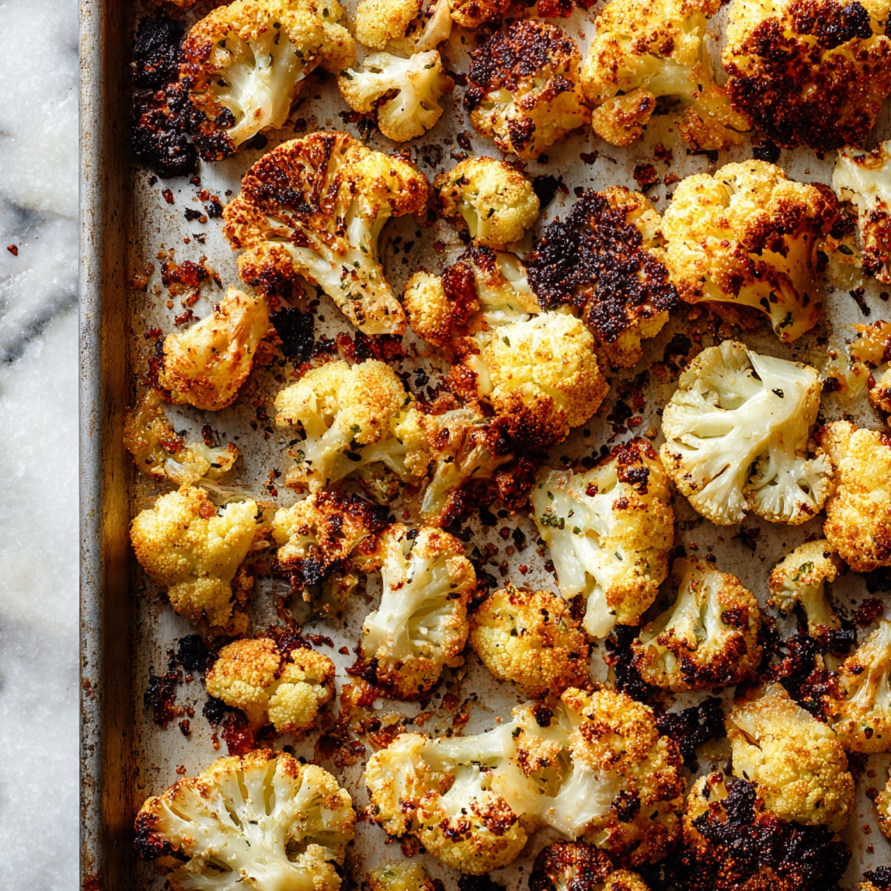 The image shows many roasted cauliflower pieces spread out on a baking sheet, each piece golden brown with dark charred spots. The cauliflower pieces vary in size and shape, with some only showing the white soft inside while others have crispy, browned edges and bits of caramelization. The baking sheet has a slightly greasy look from the roasted cauliflower. The overall scene has warm tones from the cooked vegetables against the gray metal of the baking sheet, all placed on a white marbled surface. photo taken with an iphone --ar 4:5 --v 7