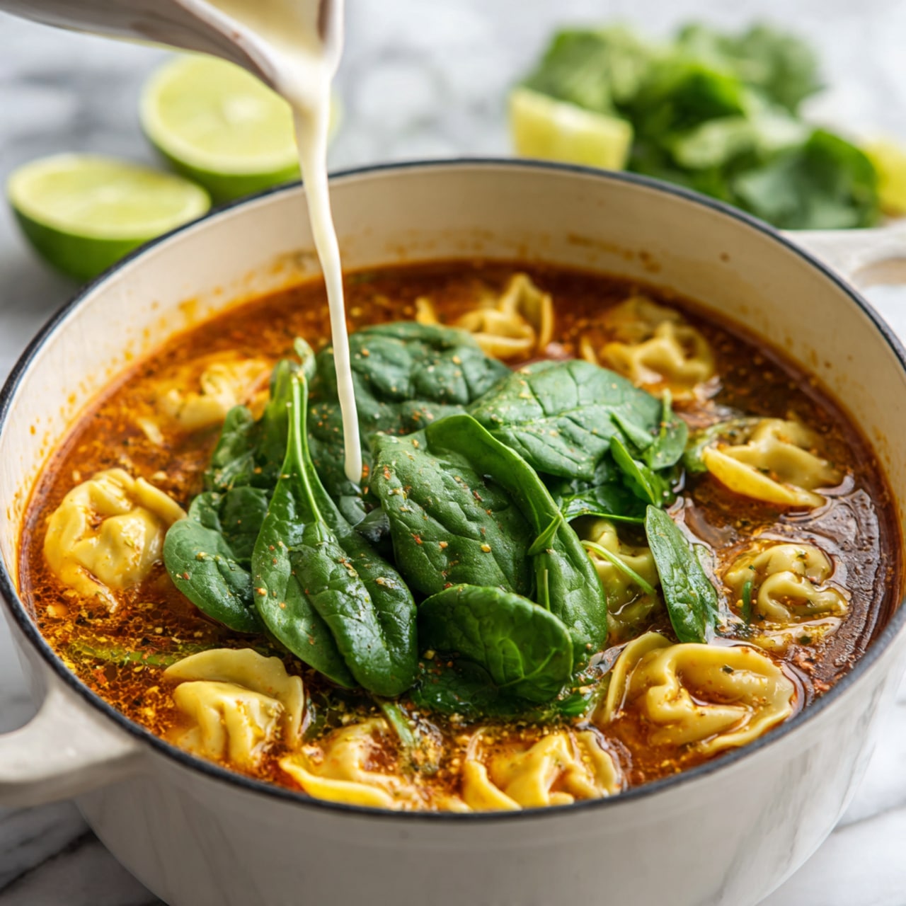 In a white deep pot, there is a rich red soup with folded pale yellow pasta pieces floating on the surface. On top of the pasta, a bunch of fresh, bright green spinach leaves are placed in the center. White creamy liquid is being poured into the soup from the bottom left corner. In the background, fresh lime wedges and green herbs are slightly visible on a white marbled surface. photo taken with an iphone --ar 4:5 --v 7