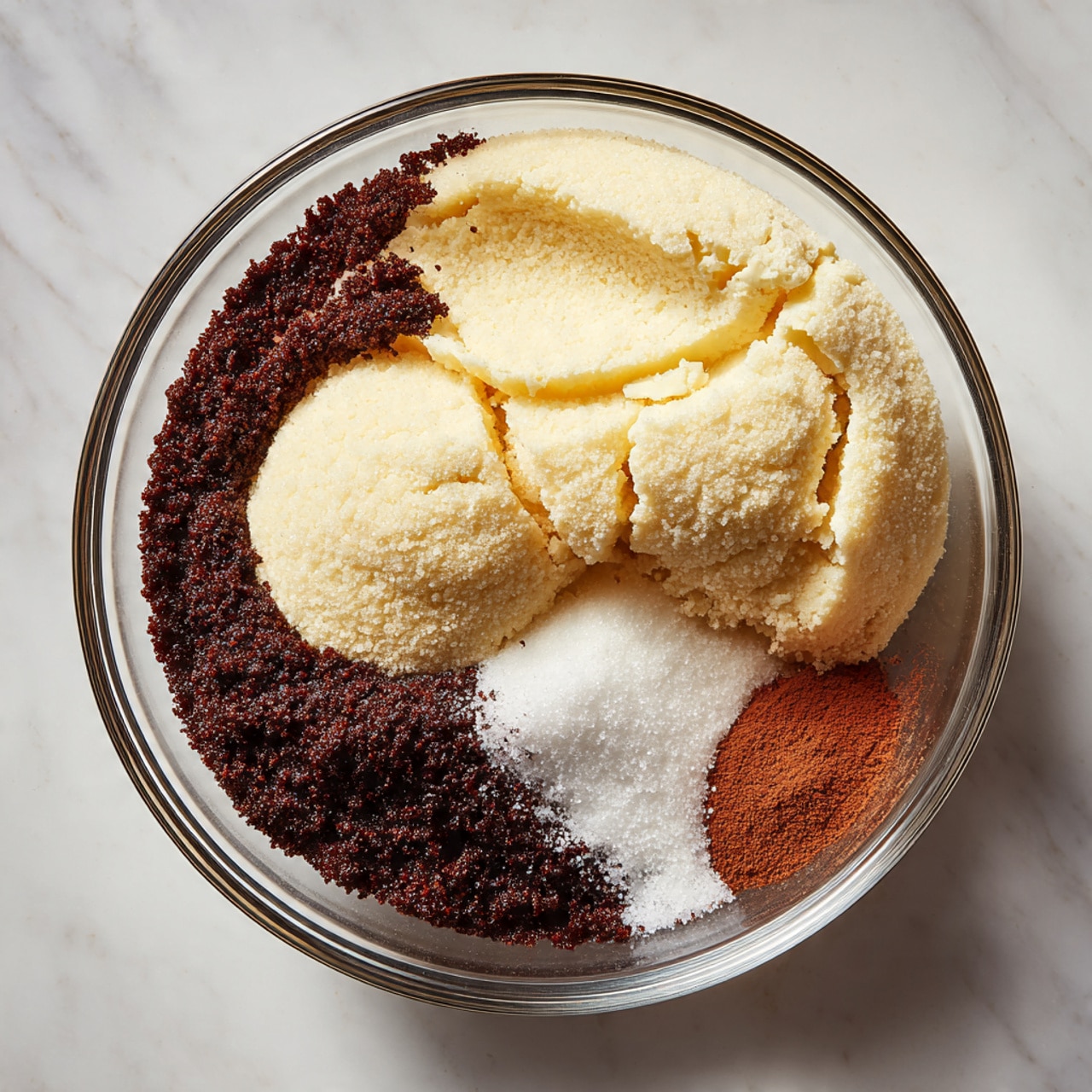 In a clear glass bowl, there are several layers of ingredients: a large mound of crumbly dark brown sugar forms the base, with a rounded heap of light brown sugar sitting on top and slightly to the right, which has visible cracks. Near the center, a small pile of fine white salt dusts over some of the brown sugar, and next to the salt is a pile of dark reddish-brown cinnamon powder. The bowl is placed on a white marbled surface. Photo taken with an iphone --ar 4:5 --v 7