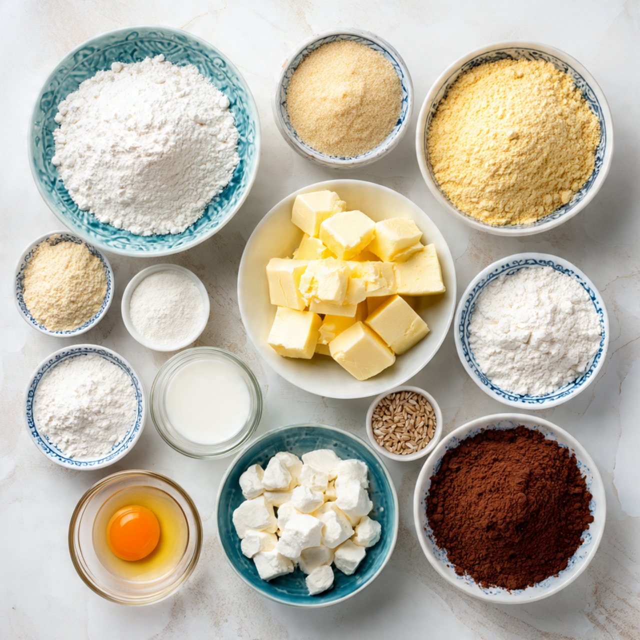 The image shows twelve small bowls arranged neatly on a white marbled surface, each filled with different ingredients for baking. At the top left is a large bowl filled with bright white tapioca flour, next to it on the right is a bowl with light yellow millet flour. Below the millet flour is a bowl of pale beige sorghum flour. On the right side sits a bowl filled with golden yellow pineapple juice. Towards the center, a clear bowl contains pale yellow butter chunks, while next to it is a small clear bowl with white milk. Below the butter are two smaller bowls, one with a bright orange egg yolk in dark liquid and the other with a dark brown mix of whole psyllium husk. On the far left are small bowls with white xanthan gum powder, white salt, beige active yeast, white baking powder, and white sugar arranged in a neat pattern. The bowls are mostly white with delicate blue or black patterns, all set on a white marbled surface. photo taken with an iphone --ar 4:5 --v 7