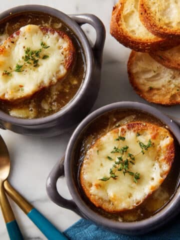 French Onion Soup with Toasted Baguette and Melted Cheese Recipe