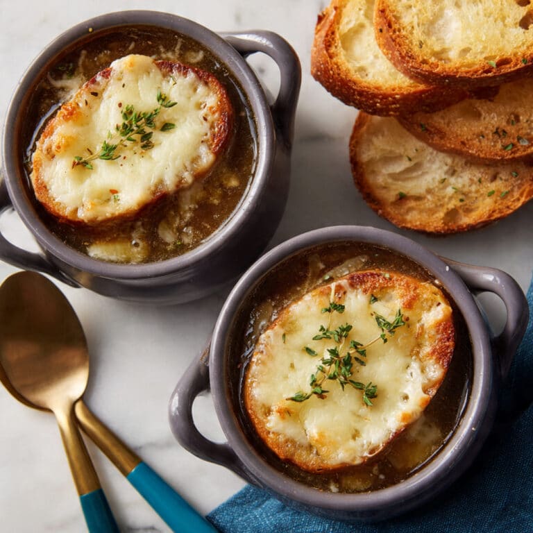 French Onion Soup with Toasted Baguette and Melted Cheese Recipe