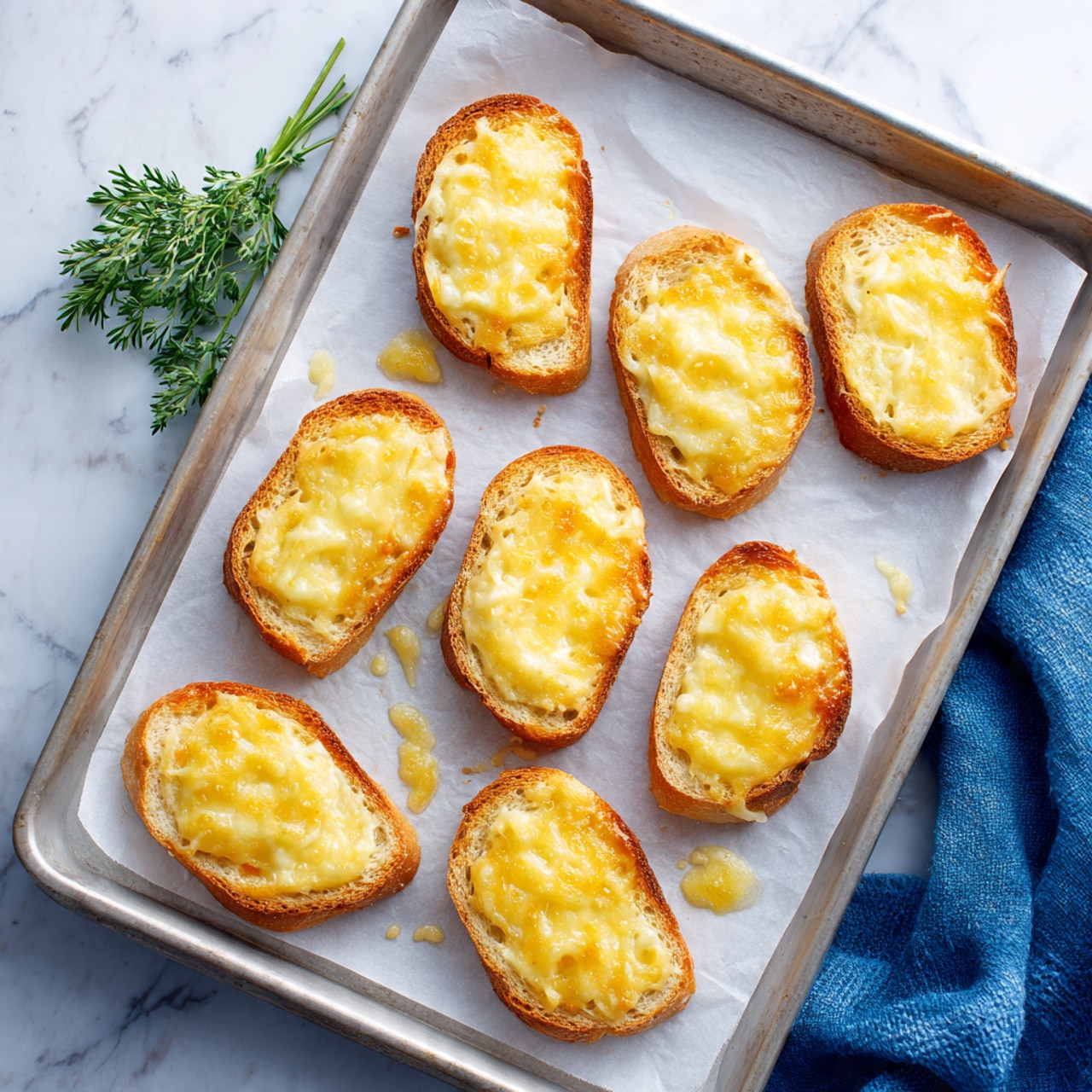 Nine small slices of toasted bread with melted golden cheese on top are arranged on white parchment paper inside a metal baking tray. Each bread slice has a slightly browned, crispy edge, and the cheese layer looks soft with small melted bubbles. Some cheese has melted and spread onto the parchment paper around the slices. The tray sits on a white marbled surface with a small bunch of green herbs nearby and a blue cloth partially visible at the bottom right. photo taken with an iphone --ar 4:5 --v 7