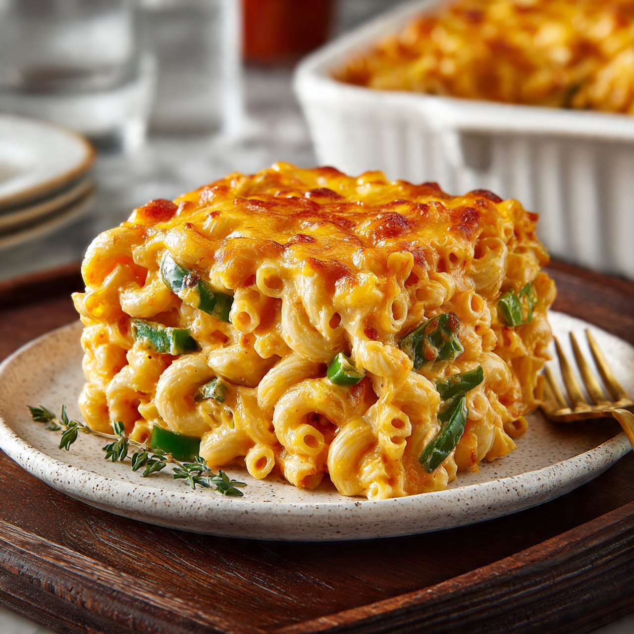 A close-up of a plate with creamy macaroni and cheese mixed with green bell pepper pieces and dark browned bits, topped with a melted golden-yellow cheese layer, garnished with a small sprig of thyme on the side; the plate is white with a speckled pattern and sits on a dark wooden surface with a gold fork blurred in the background, next to a white baking dish filled with more macaroni and cheese; the setting is on a white marbled surface. photo taken with an iphone --ar 4:5 --v 7