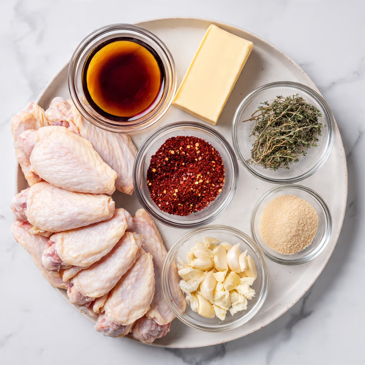 The image shows a tray filled with several raw chicken wings arranged closely together on a white marbled surface. Around the tray, there are clear glass bowls placed in an arc, each containing different spices and ingredients. One bowl holds a dark brown liquid labeled Worcestershire sauce, another has a reddish-brown powder labeled cayenne pepper, and a third bowl contains dark red crushed flakes labeled red pepper flakes. There is also a bowl with a light green herb labeled thyme, and another with a beige minced garlic mix. Above the chicken wings is a stick of pale yellow butter. The whole setup is arranged neatly, showing a variety of spices and chicken ready to be cooked. Photo taken with an iphone --ar 4:5 --v 7