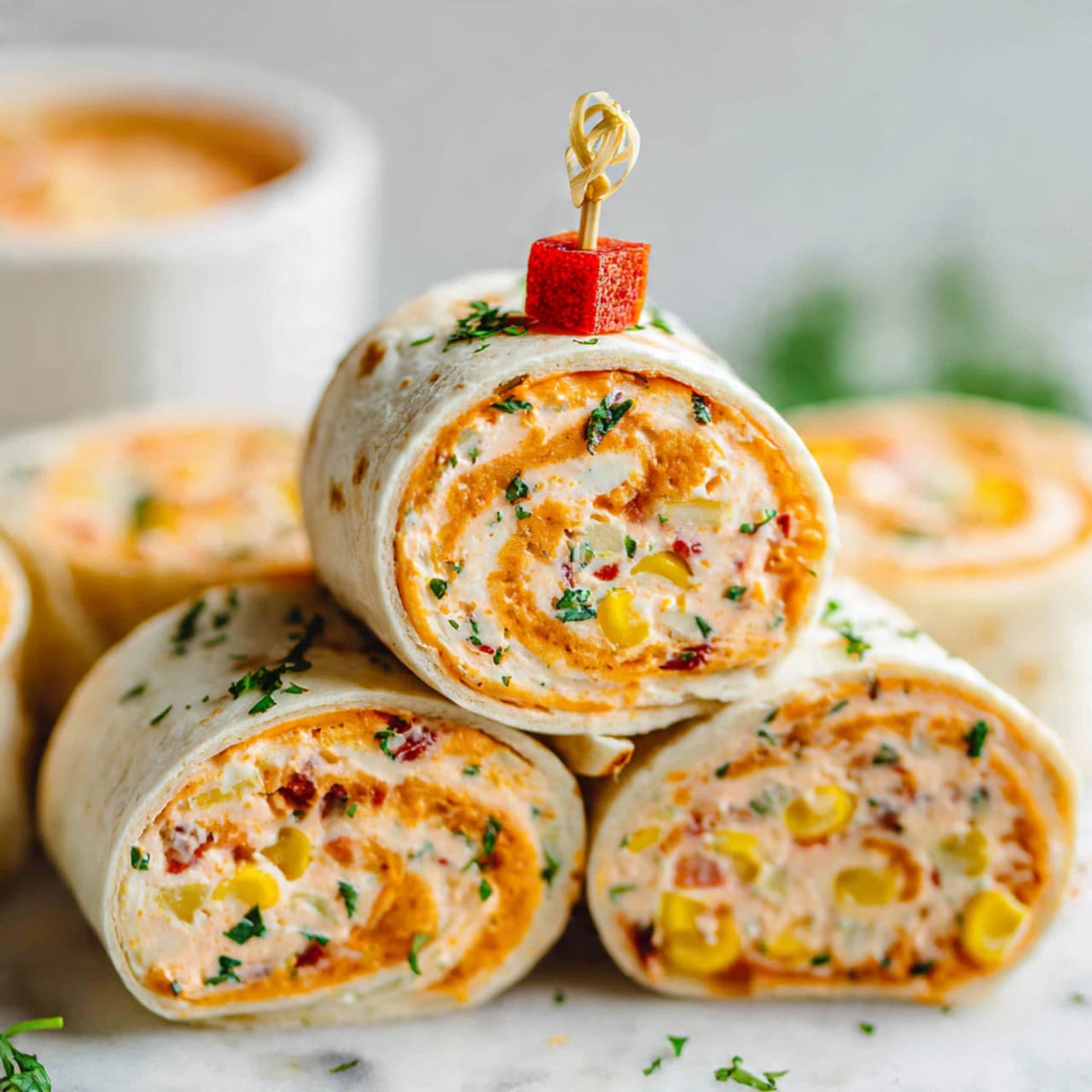 The image shows a close-up of several tortilla roll-ups stacked on top of each other on a white marbled surface. Each roll-up has three visible layers: the outer layer is a soft white tortilla, the middle layer is a creamy orange filling with specks of red and yellow, and the inner layer has small green herbs and pieces of corn scattered inside. One roll-up on top is held together with a small wooden pick topped with a red cube. There are more roll-ups blurred in the background along with a white bowl partially visible. The rolls are smooth and tightly wrapped, with fresh green herbs decorating the outside and inside. photo taken with an iphone --ar 4:5 --v 7