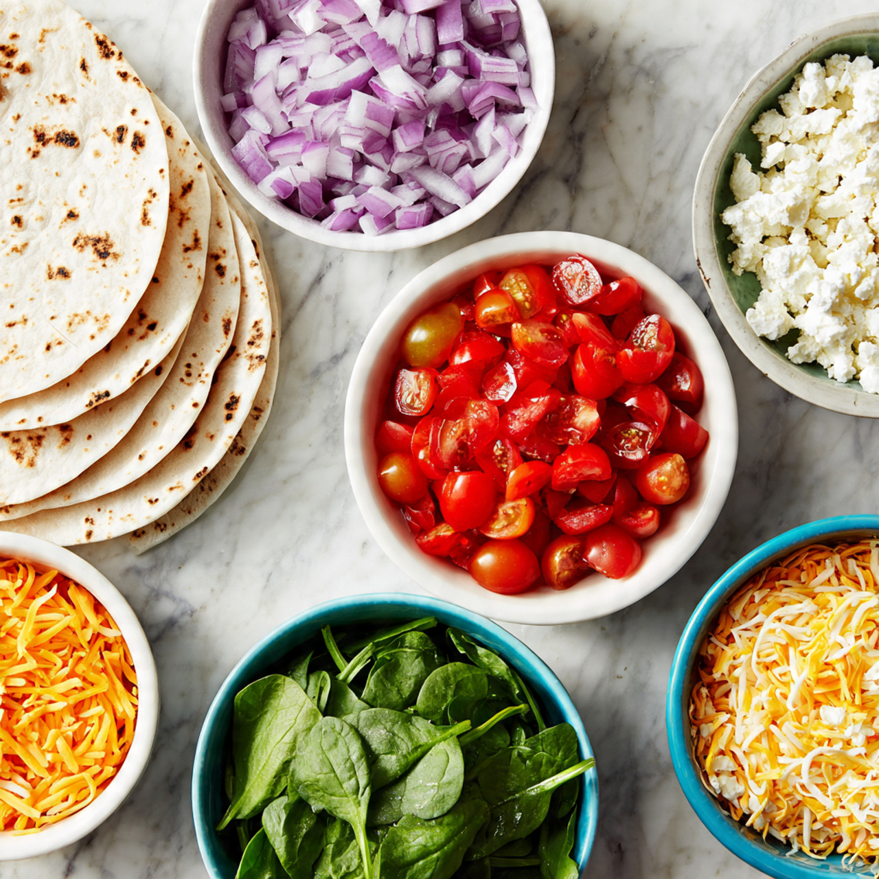 The image shows five small bowls with different ingredients arranged in a semi-circle on a white marbled surface. The top left bowl has chopped light purple onions with a slightly translucent texture. To the right, another bowl holds crumbled white cheese with a soft and fluffy look. Below the onions, a white bowl contains bright red chopped cherry tomatoes with glossy skin. Next to the tomatoes, another white bowl is filled with shredded yellow cheese. At the bottom, a blue bowl holds fresh green spinach leaves with a smooth and slightly curled texture. On the left side, there are four white tortillas stacked neatly. Photo taken with an iphone --ar 4:5 --v 7