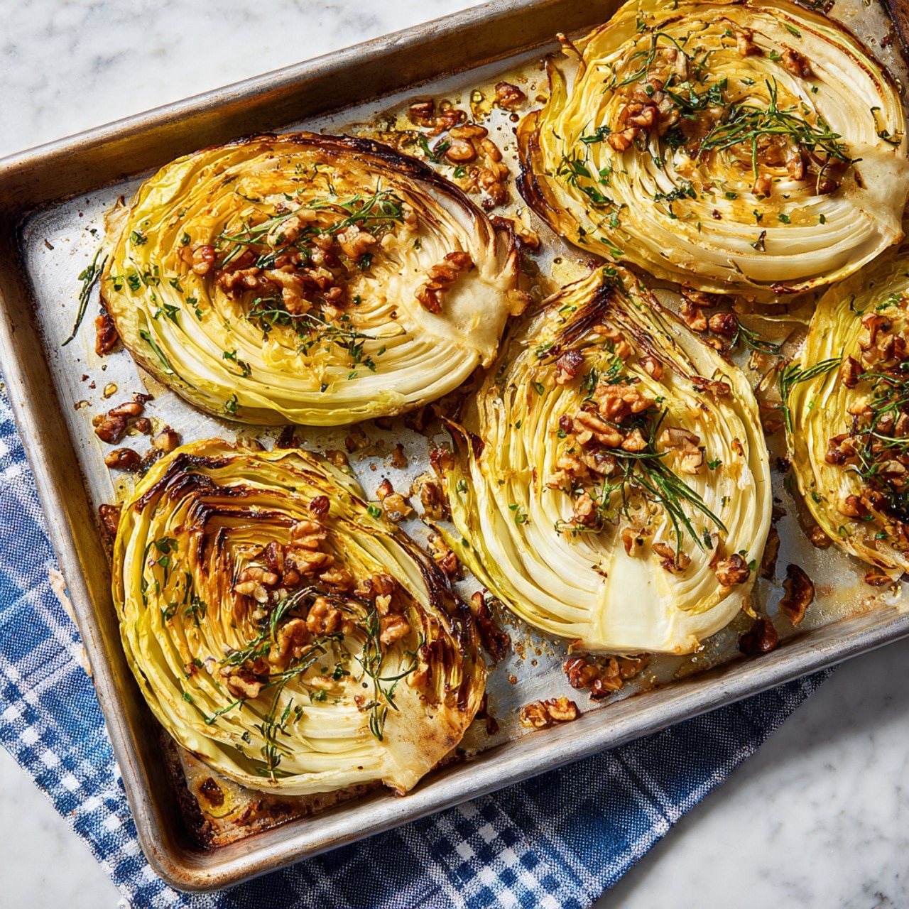 The image shows a baking tray with four slices of roasted cabbage, each slice layered with curved pale green and yellow cabbage leaves that get slightly browned and crispy at the edges. The cabbage slices have a spiral pattern with inner leaf layers more tightly coiled and outer layers more open and wavy. Chopped brown nuts are sprinkled on top, adding texture and color contrast. Bits of green herbs are scattered over the cabbage, and the tray surface has some browned oil spots and roasted bits around the cabbage slices. The tray rests on a blue and white checkered cloth on a white marbled surface. photo taken with an iphone --ar 4:5 --v 7